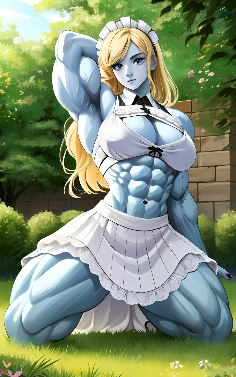 (1girll), huge tit, Breasts, Conque, Moisturizes skin, ,trpical garden , Maid outfit, s girl,realistic illumination,top Quority,8K,tmasterpiece,Muscular female,Muscular,Abs,(Blonde hair), (Blue skin:1.4),Claws,Kneeling pose