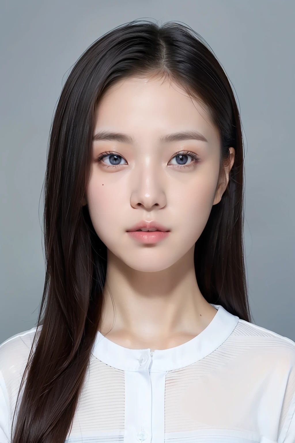 Girl's ID photo,Good facial features,Frontal photo,white clothes,Blue-gray background,8k