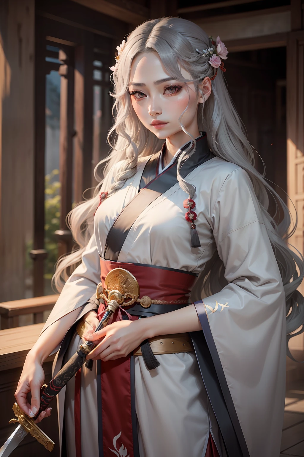 Gray hair, hair wavy, long eyelashes, hanfu, ancient style, sword, lipstick