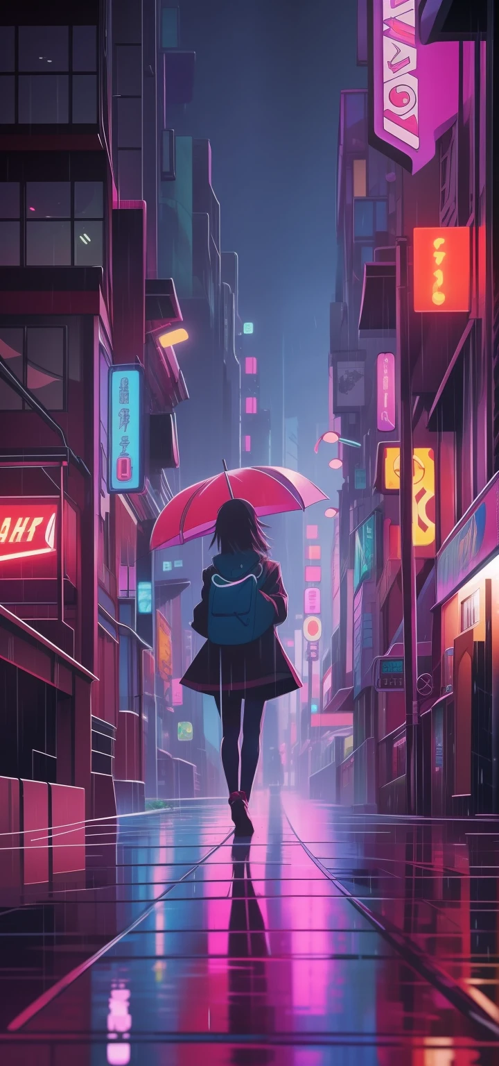 A vibrant, anime-inspired landscape of a rainy cityscape, with bright neon lights reflecting off the wet, unpeopled streets