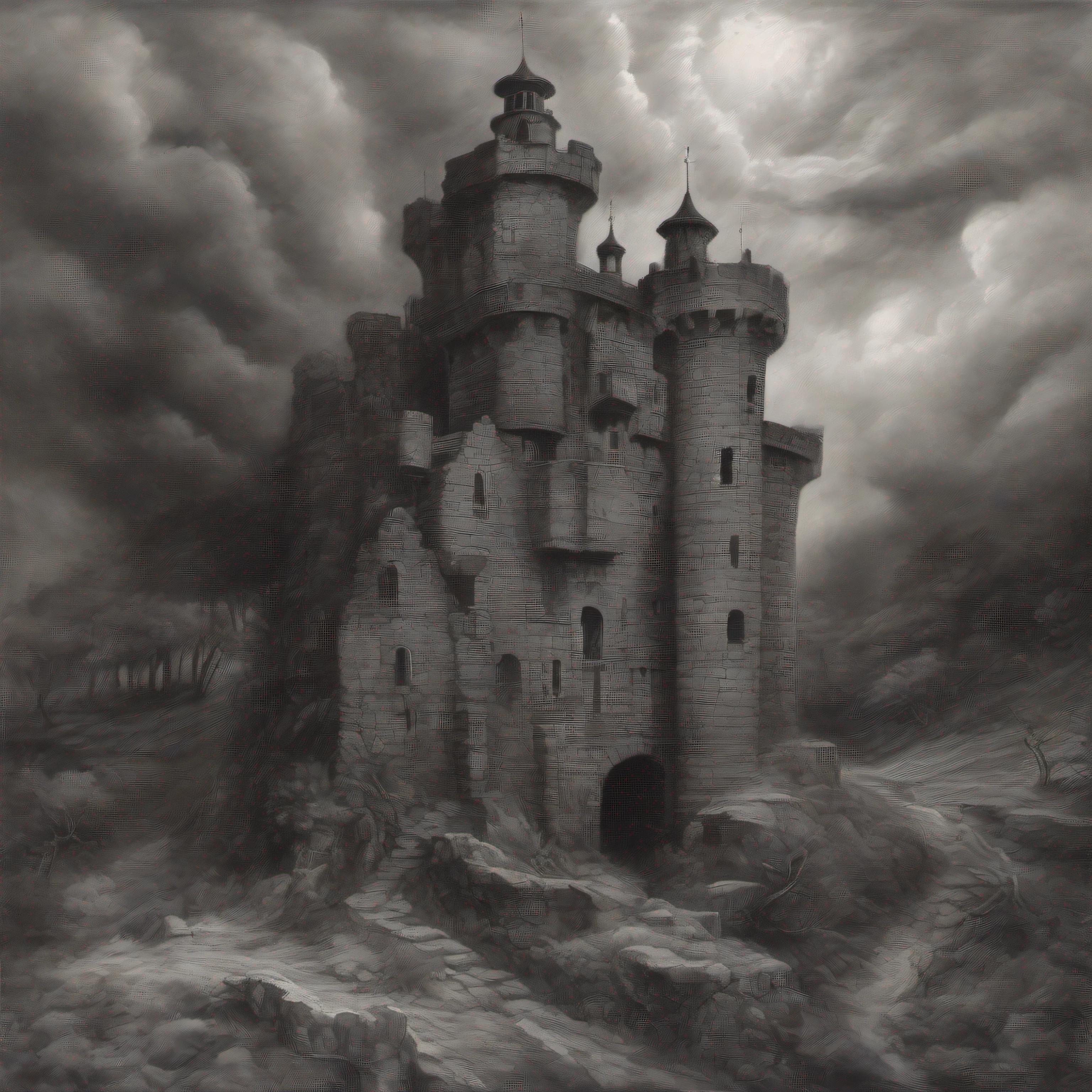 Pintura de um castelo mal-assombrado, flutuando em espessas nuvens, Monochromatic painting, charcoal painting, hachuras, sombreamento perfeito, balanceada, obra perfeita, capa de revista de terror, arte de Clemilton Barbosa, detalhes intrincados, highes definition