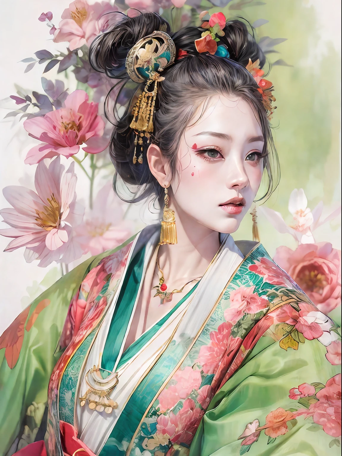 HighestQuali，tmasterpiece：1.2，Detailed details，（Very detailed face，Real pictures，Realistic skin，photorealistic body，Complicated details），独奏，1 milf，rcasual，ukiyoe painting，（aquarelle：1.3），Oiran