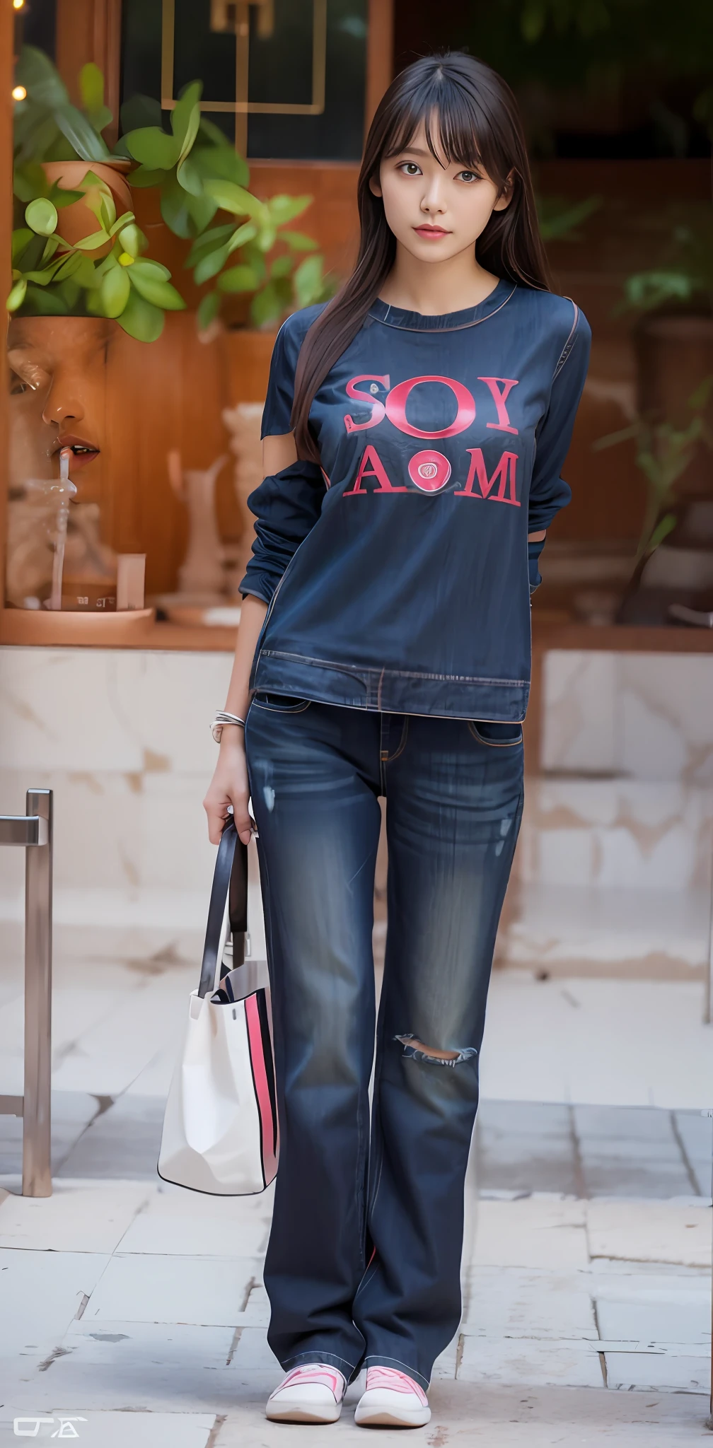 1 beautiful woman taking pictures on the grass of the villa,RAW photos,tmasterpiece,(highdetailskin:1.2),8k ultra high definition,digital SLR camera,gentlesoftlighting,high high quality,filmgrain,富士XT3,20 years old Asian woman,Wear simple clothes,T-shirt and skinny jeans,Detailed clothing details:1.3,perfect body figure,Perfect breasts and nipple bulge,The legs are straight and slender,Branded stylish shoes:0.6,Super detailed facial details and skin,Fair pink face and skin,The skin is pink,with light glowing,二重まぶた,Super detailed eyes,(Gloss on lips, eyeslashes, Glossy face, Best quality, Super high resolution, warm color,Wide lighting, naturalshadow), Sexy, Full body shooting: 1.8