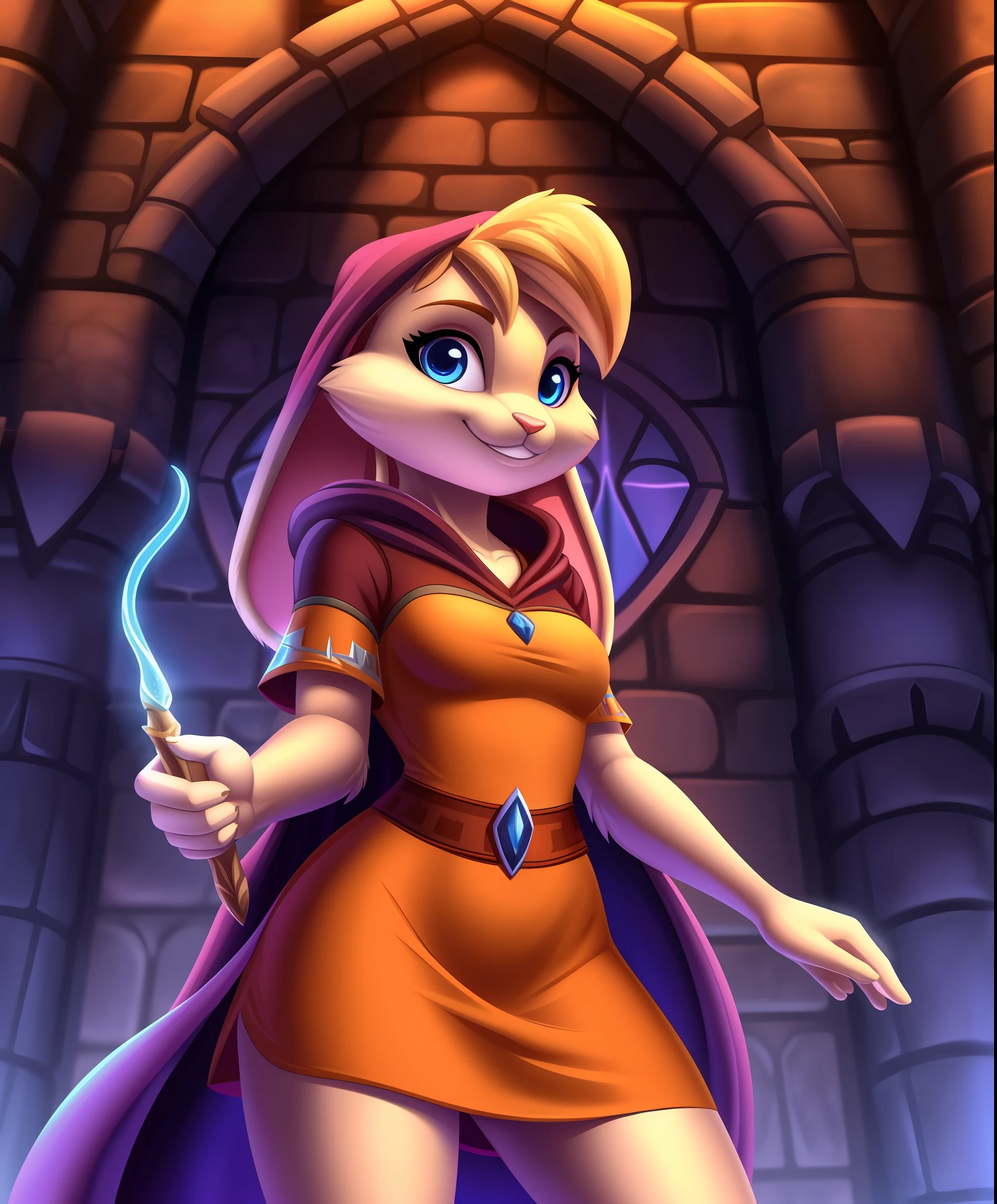 bianca, furry female anthro, rabbit girl, standing, portrait, short dress, hooded cloak, wand, solo, (body fur:1.2), (best quality), (magical castle great hall background:1.2), dramatic lighting, (detailed fluffy fur:1.1), looking at viewer, smile, short sleeves,