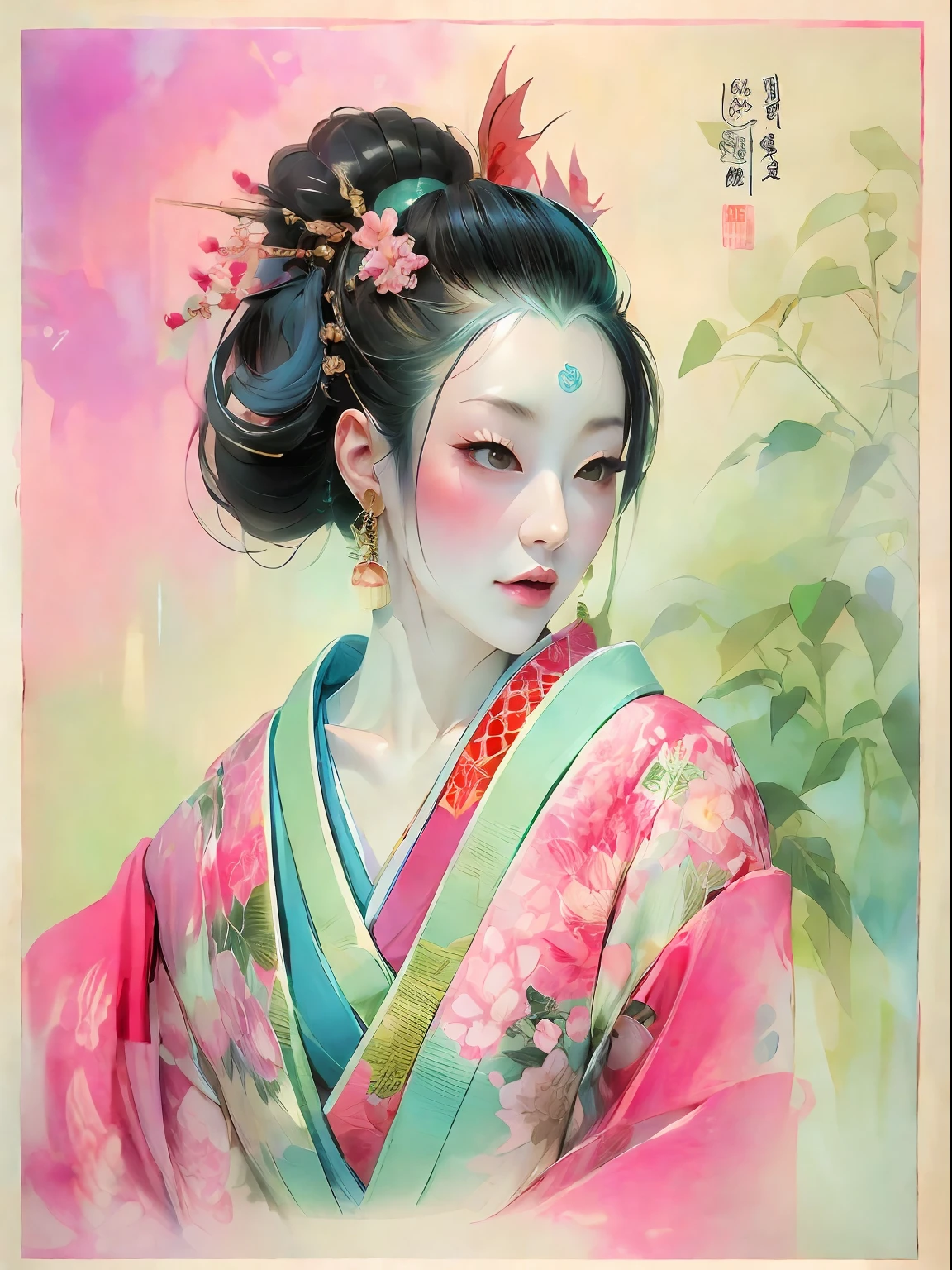 HighestQuali,tmasterpiece:1.2,Detailed details,(Very detailed face,Real pictures,Realistic skin,photorealistic body,Complicated details),独奏,1 milf,rcasual,ukiyoe painting,(aquarelle:1.3),Oiran