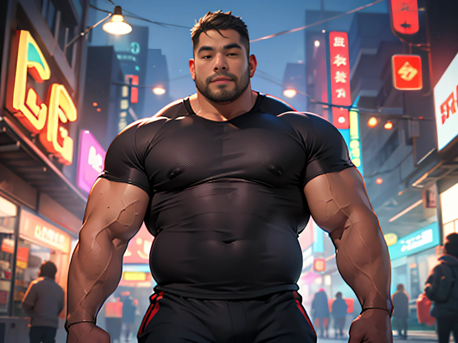 1boy，Best quality，Mature male，big muscular male，daddy，Thick arms，thick leg，Briefs，full bodyesbian，Girl with thick fat chunky physique，photograph of-realistic，tmasterpiece， The upper part of the body，male people，shorter pants，short detailed hair，Strong，（pectoralis major：0.7），Tough guy，giant root，（Bare upper body：1.2），ssmile，looking to the front， tmasterpiece， best qualtiy， 8K， RAW photogr， natta， the street， Asian shopping district， （Clear focus， wide wide shot， deep dark background：1.8）， Sateen， Mist， （ssee-through， depth of fields）， realisticlying， A high resolution， Hyper-detailing， cinmatic lighting， color difference