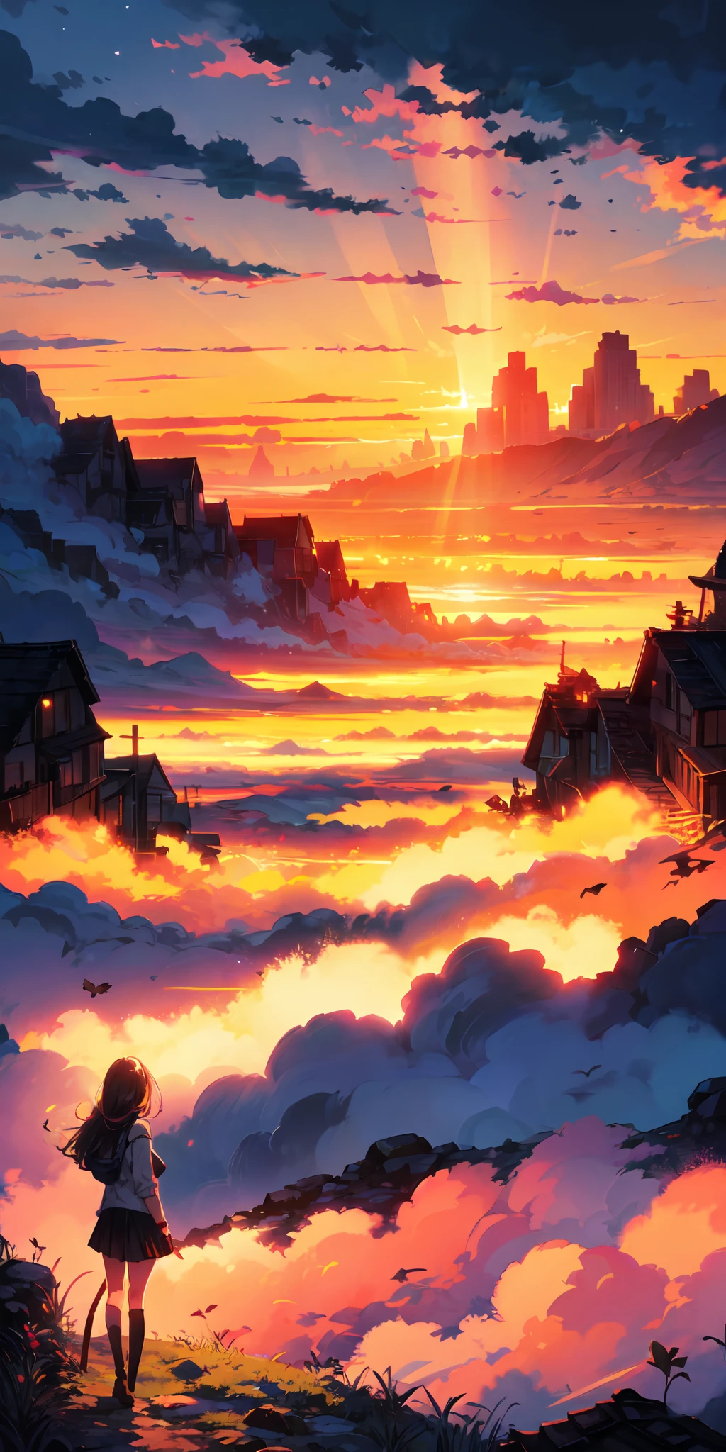 "A mesmerizing sunset scene with a girl mesmerized by the majestic golden rays of sunlight and clouds, creating an awe-inspiring and vivid color palette. Masterpiece."