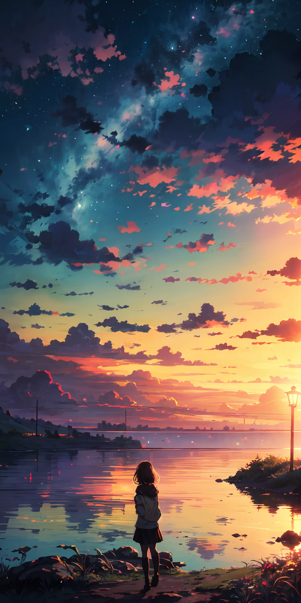 "A captivating sunset scene with a girl gazing at it, backlit by the golden rays of sunlight and clouds, radiating a vibrant and breathtaking spectrum. Masterpiece."