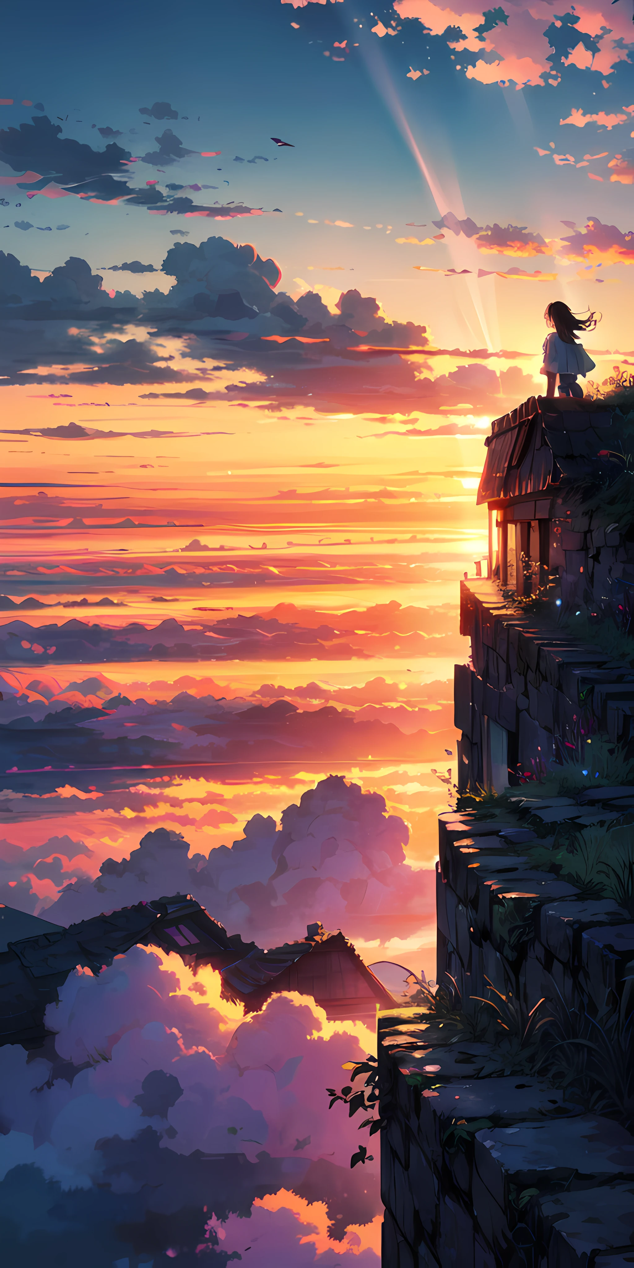 "A captivating sunset scene with a girl gazing at it, backlit by the golden rays of sunlight and clouds, radiating a vibrant and breathtaking spectrum. Masterpiece."