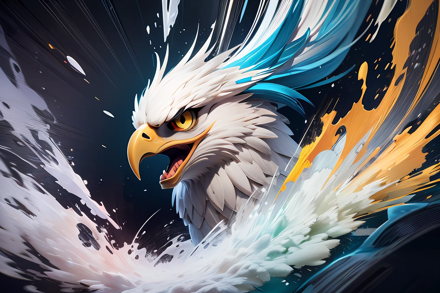 distorted art of the face of an angry cartoon eagle of vibrant colors in the form of a futuristic shield with TECHNIQUE brush and splash effects