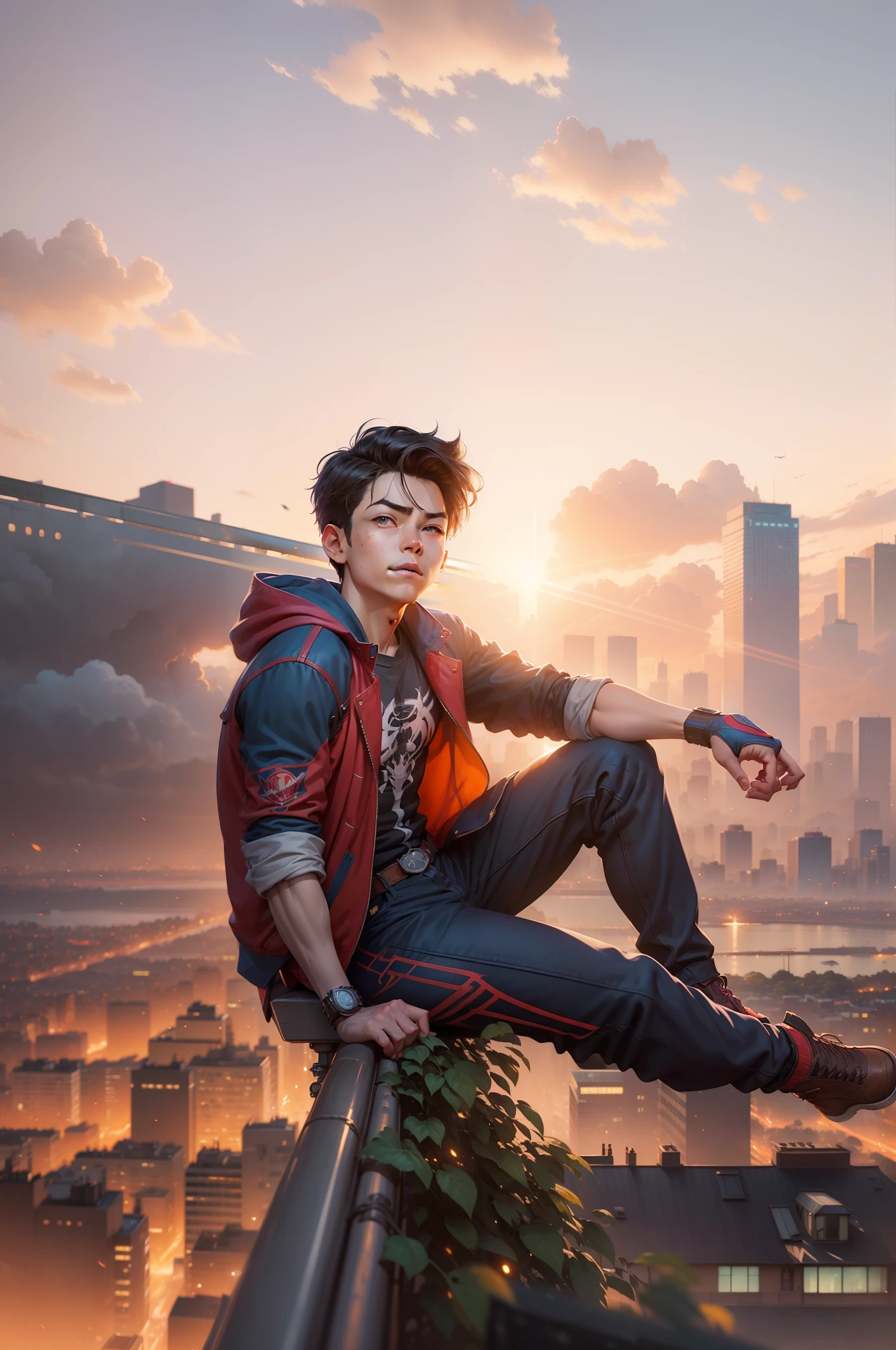 there is a man sitting on a rail with a city in the background, hero pose colorful city lighting, ross tran 8 k, peter parker, range murata and artgerm, ross tran style, peter parker as spiderman, inspired by Rudy Siswanto, photorealistic artstyle, artgerm and atey ghailan, realistic artstyle, badass anime 8 k