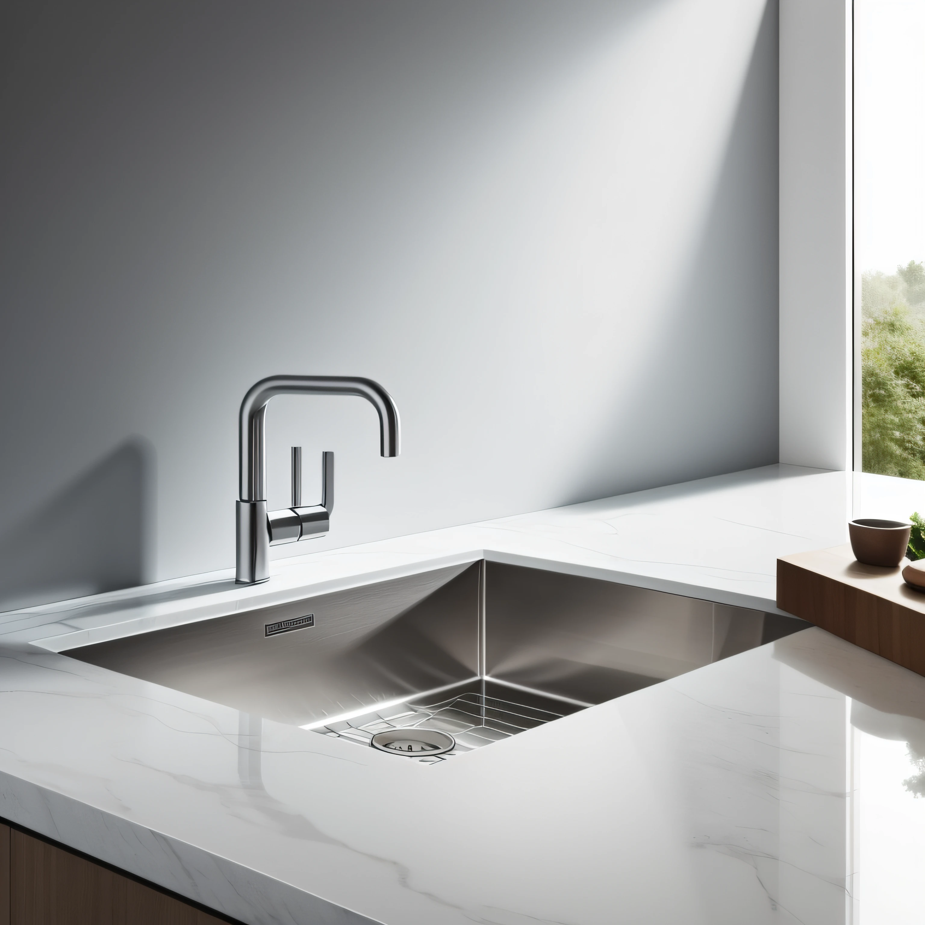 The kitchen faucet is minimalist and realistic