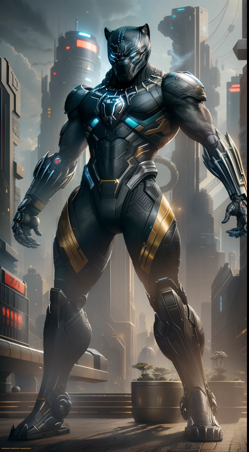 Black Panther from Marvel photography, biomechanics, complex robots, gold Black Panther logo, full growth, hyper-realistic, crazy little details, incredibly clean lines, cyberpunk aesthetic, masterpiece featured on Zbrush Central