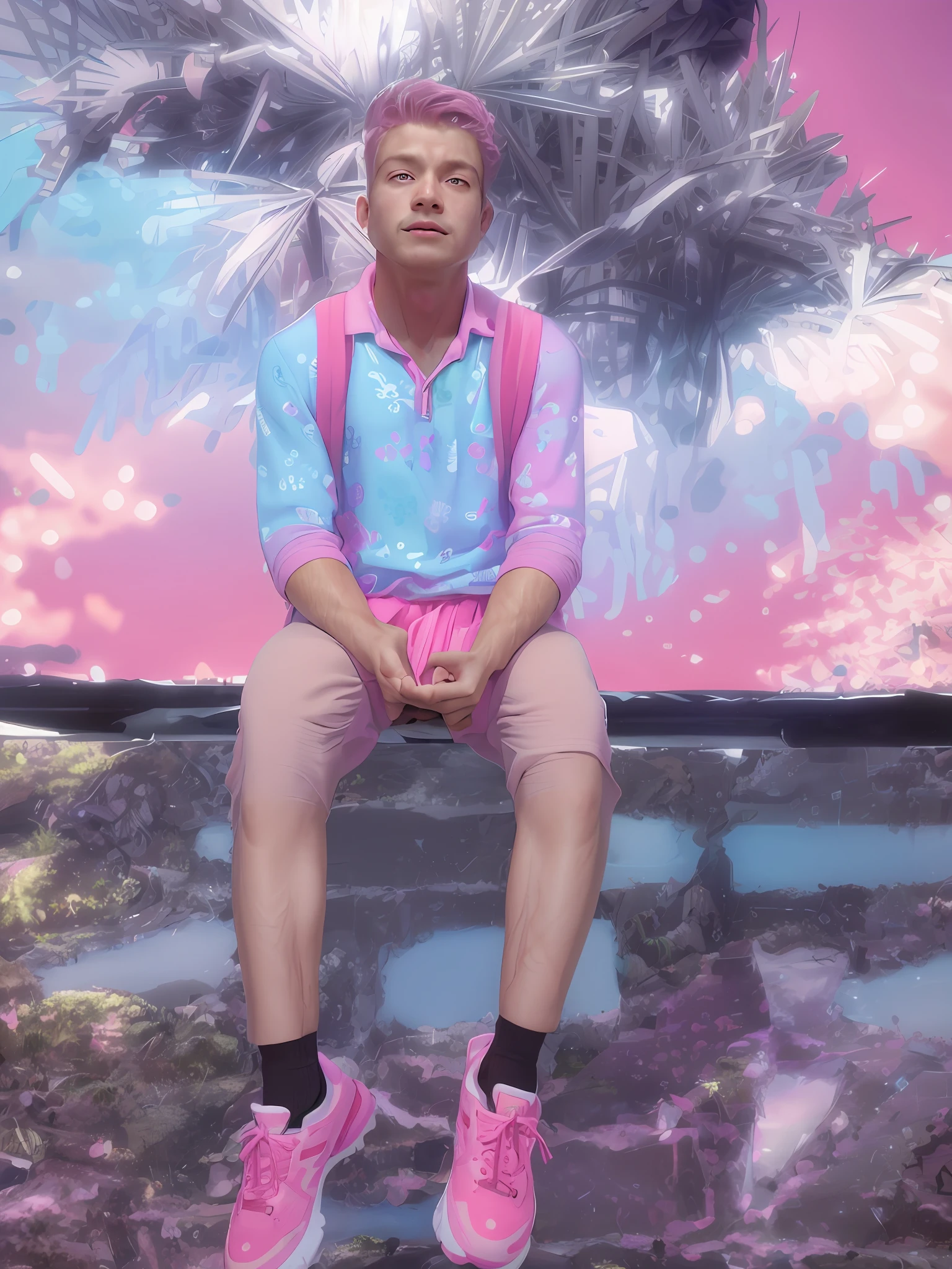 3d, 1boy, looking at viewer, cute, pink clothes, tongue out, tokyo, neons, blue eyes, mullet, finger rings, fuzzy clothes, 8k, best defenição, clothes without print, hands in pockets, clothes without symbols, clothes without images