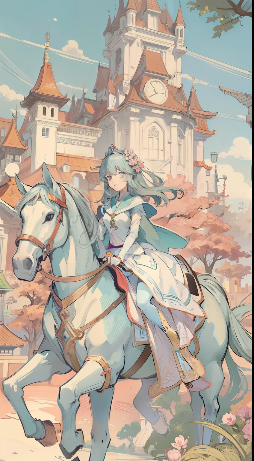drawing anime of a princess riding a horse, and a prince holding the princess's hand, magnificent royal castle, fairy garden beautiful line art, by Naka Bokunen, perfect linearity, illustration style fairy tale drawing, line art!!, delicate line art, new anime art, korean art school cartoon, line sketch!! , with horse driven, by Eizan Kikukawa, by Hiromu Arakawa