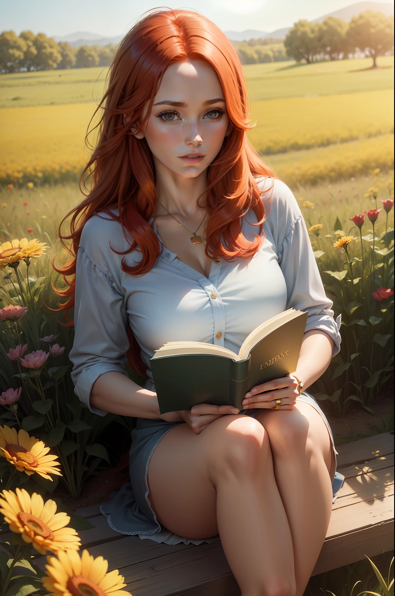 a 30-year-old red hair woman, sitting in a field of flowers, reading a book, golden sunny, masterpiece, HD 4k