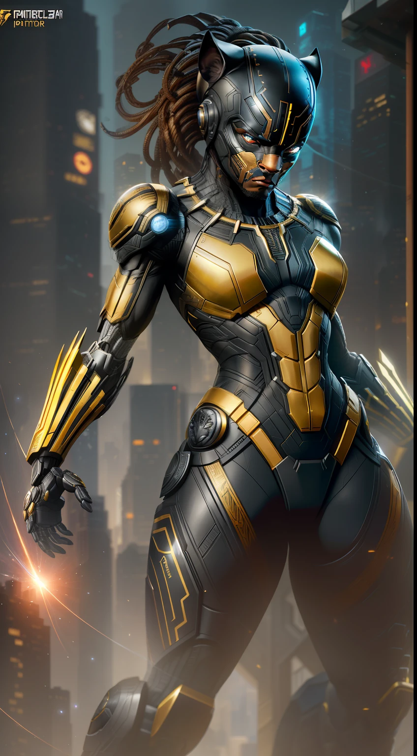 Black Panther from Marvel photography, biomechanics, complex robots, gold BlackPanther logo, full growth, hyper-realistic, crazy little details, incredibly clean lines, cyberpunk aesthetic, masterpiece featured on Zbrush Central