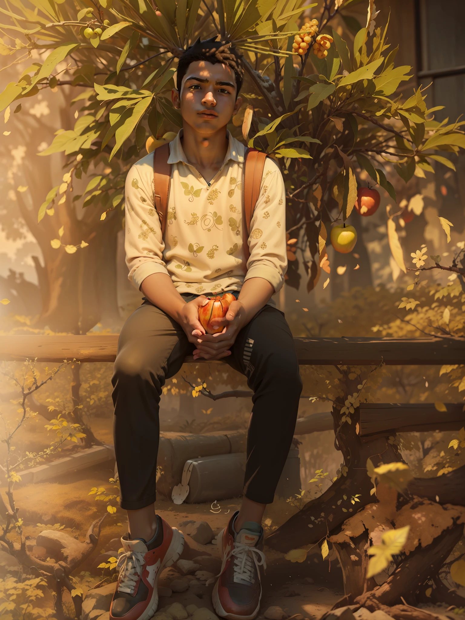 Male teenager standing near an apple tree