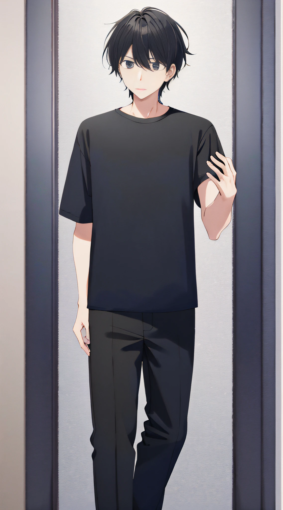 A man wears(black t-shirts,Long black pants)Spread your hands with a speechless expression