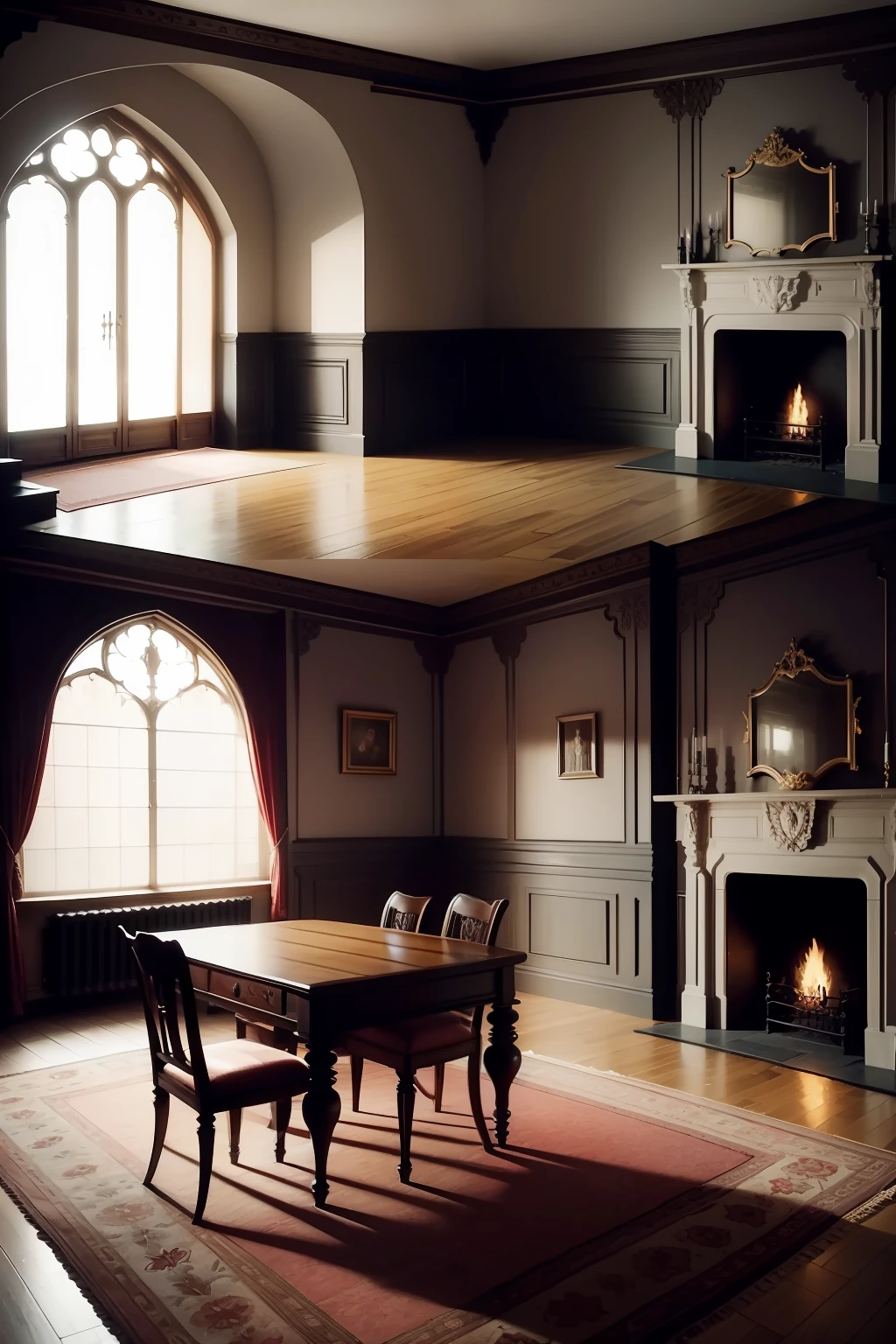 1 room, European Gothic style,(best qualtiy) On the left are the windows and tables, on the right is the fireplace, and in the middle is the carpet , Room windows are few, Side view