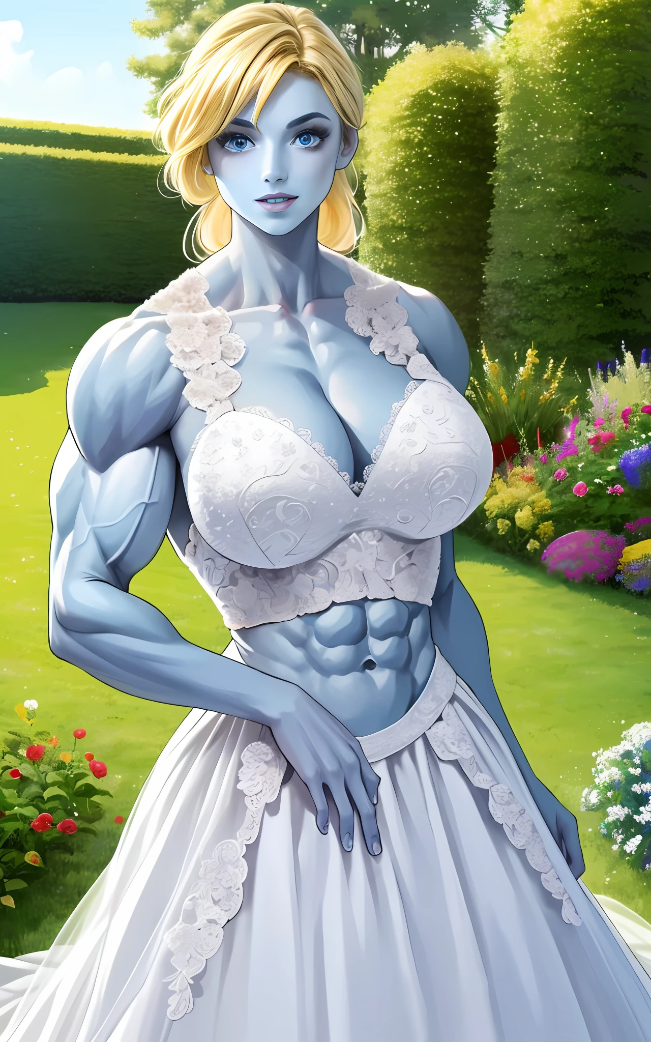 (1girll), huge tit, Breasts, Conque, Moisturizes skin, ,trpical garden , white lace wedding dress, teens girl,realistic illumination,top Quority,8K,tmasterpiece,Muscular female,Muscular,Abs,(Blonde hair), (Blue skin:1.4),