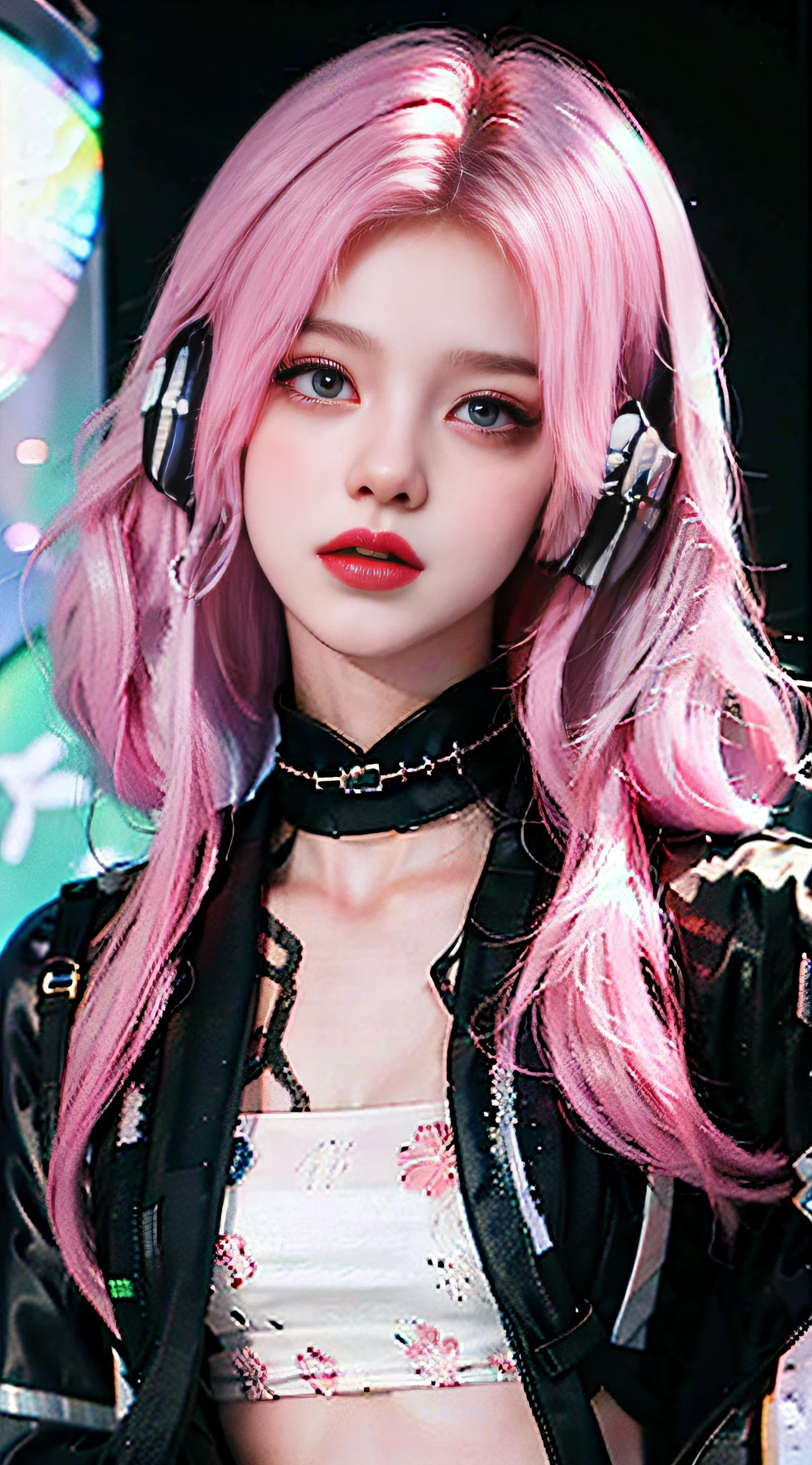 one-girl,Long blue-pink hair slightly curled,Messy long hair,blue color eyes,Bring headphones,rainbow,cyber punk perssonage,The environment is simple,Meticulous facial features,8k,hyper HD,the detail(1:2),cinematric light,Sideslit,looking at viewert,Collar,鎖骨,Blackn clothes,复杂,Rich in graphics,cruel