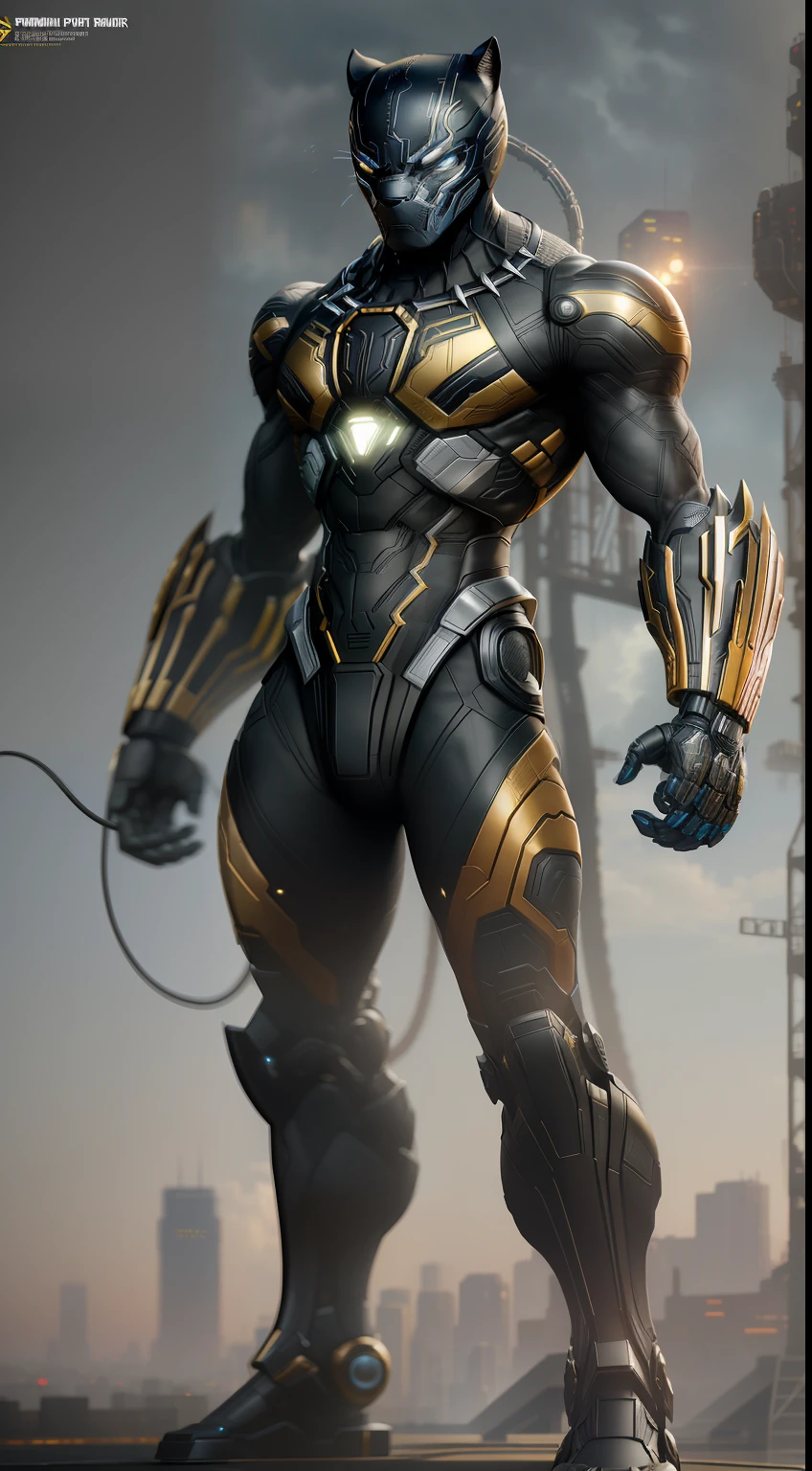 Black Panther from Marvel photography, biomechanics, complex robots, gold BlackPanther logo, full growth, hyper-realistic, crazy little details, incredibly clean lines, cyberpunk aesthetic, masterpiece featured on Zbrush Central