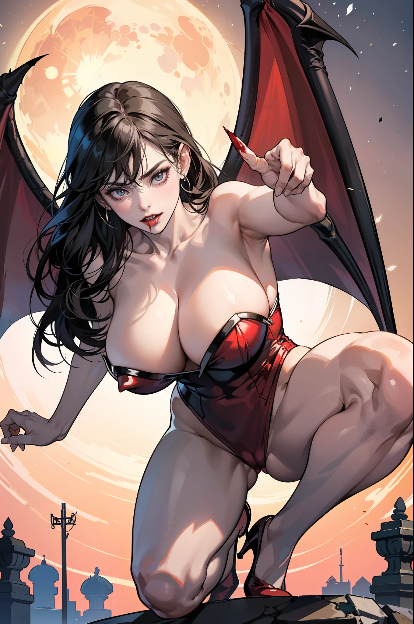 (((1girl))) The scene is set at night, (((with girl squatting as a predator on a stone gargoyle))) in the corner of a towering building. (((midly low angle))) (((The perspective is from below, emphasizing her commanding presence))). (((The gargoyle's mouth is open, releasing a crimson liquid))) that contrasts with the darkness around. (((Vampirella's hands are stained with blood))), hinting at her vigilant and fierce nature.
((((The focal point of the image is on the right side of the canvas, drawing attention to Vampirella's striking figure)))). On the left side, depict other buildings shrouded in mist, creating an eerie and mysterious atmosphere. Behind Vampirella, a full moon can be seen, casting a soft, ethereal glow over the scene.
Ensure that the girl exudes confidence and strength, ready to take on any challenge that comes her way. Use a dynamic color palette to enhance the drama of the scene and create a sense of intrigue that will entice readers to explore the comic's thrilling storyline. The artwork should capture the essence of Vampirella's character while leaving viewers eager to delve into her nocturnal world of justice and darkness."