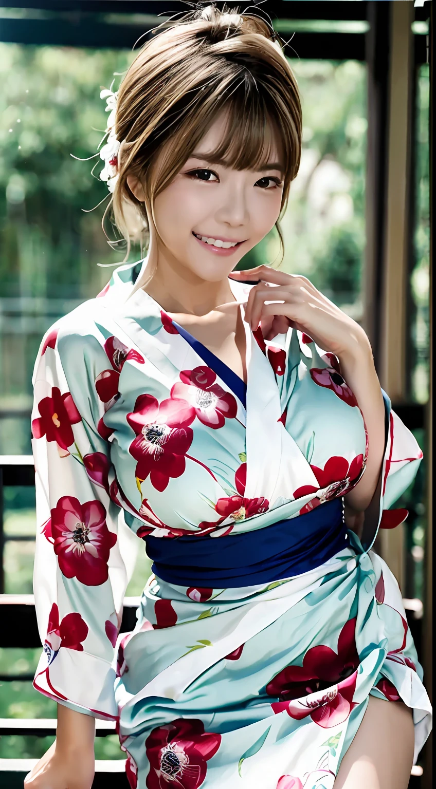 top-quality、超A high resolution、(Photorealsitic:1.4)、女の子1人、inn、floral Yukata、Chest wide open、(White hair:1)、(huge-breasted:1.2)、looking at viewert、Bring your chest together、With his legs wide open、 (is standing)、a smile、Hands behind the head