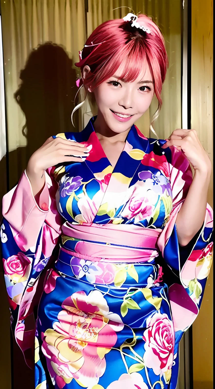 top-quality、超A high resolution、(Photorealsitic:1.4)、女の子1人、inn、floral Yukata、Chest wide open、(White hair:1)、(huge-breasted:1.2)、looking at viewert、Bring your chest together、With his legs wide open、 (is standing)、a smile、Hands behind the head