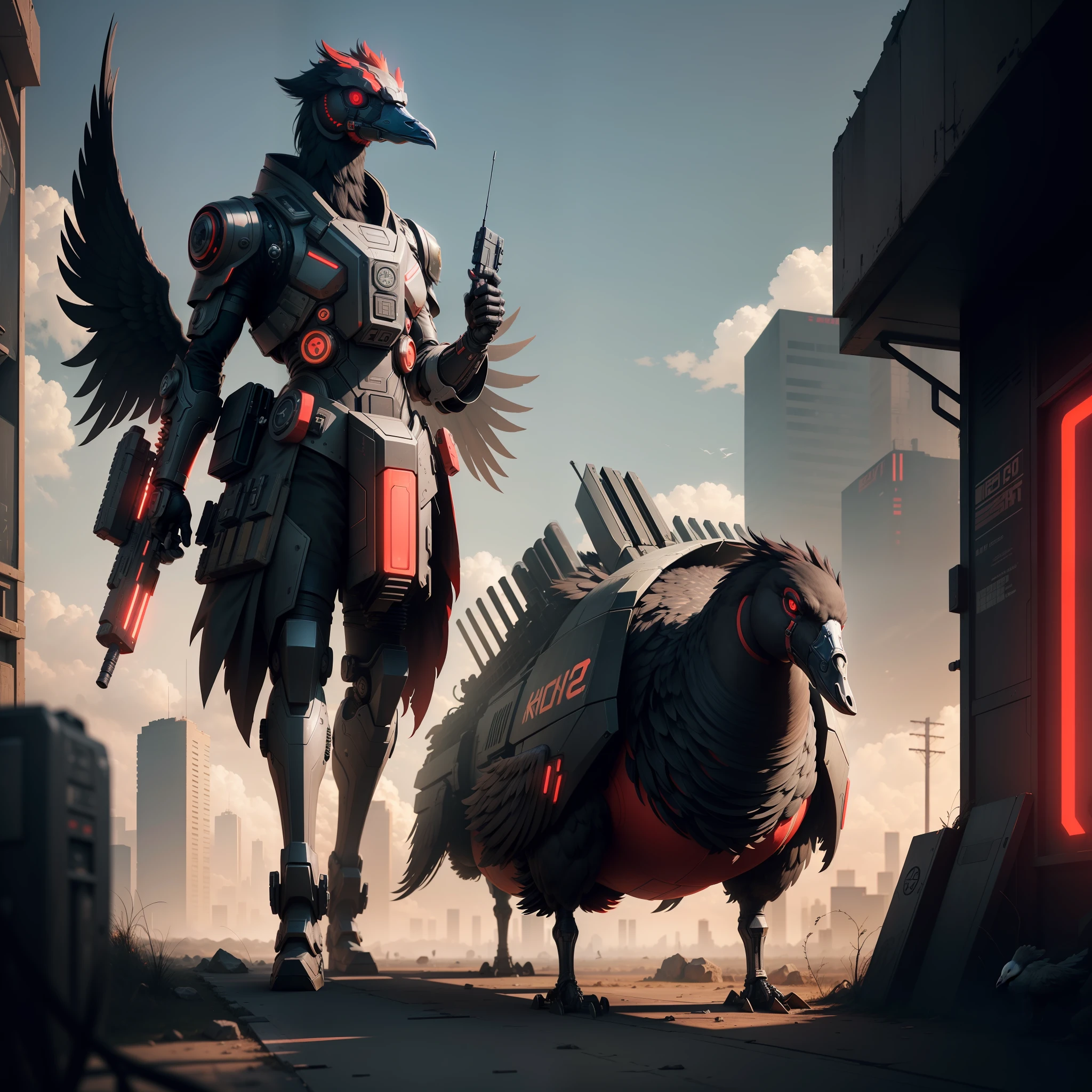 This is a hyper-detail、High resolution and top quality CG Unity 8k wallpaper，The style is cyberpunk，Mainly black and red。A handsome goose appears in the picture，Wearing a steam mech mask，standing on ruins，Behind him is a huge robot，The action of a goose holding a heavy sniper rifle in his hand，