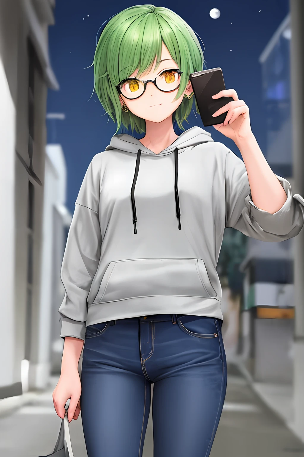 1girl, green hair, short hair, wearing grey care with black line hoodie, denim jeans , moon earring, yellow eyes, masterpiece, best illustration, best manga, cute, eyeglass, bring hand phone