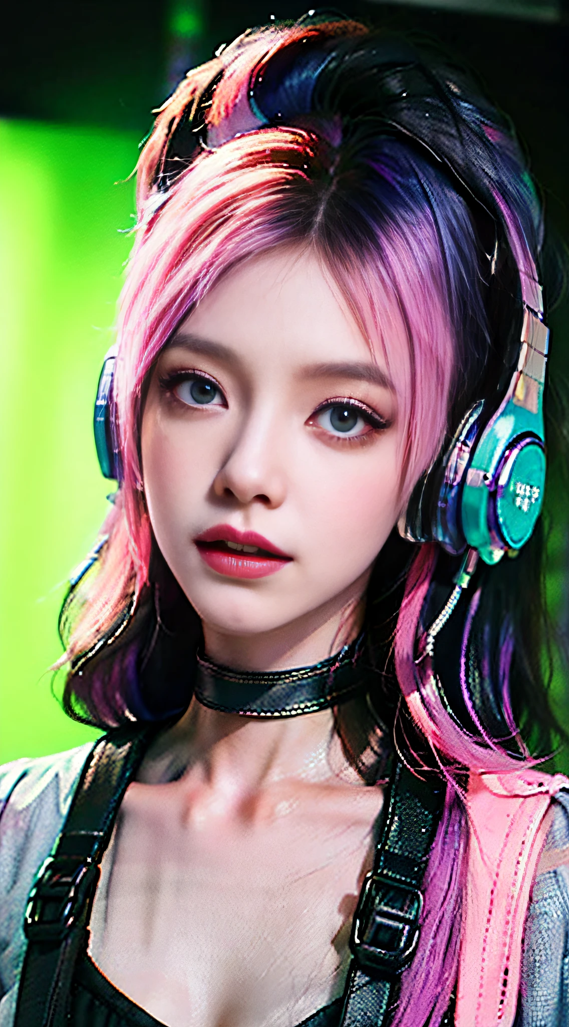 one-girl,Long blue-pink hair slightly curled,Messy long hair,blue color eyes,Bring headphones,rainbow,cyber punk perssonage,The environment is simple,Meticulous facial features,8k,hyper HD,the detail(1:2),cinematric light,Sideslit,looking at viewert,Collar,鎖骨,Blackn clothes,复杂,Rich in graphics,cruel