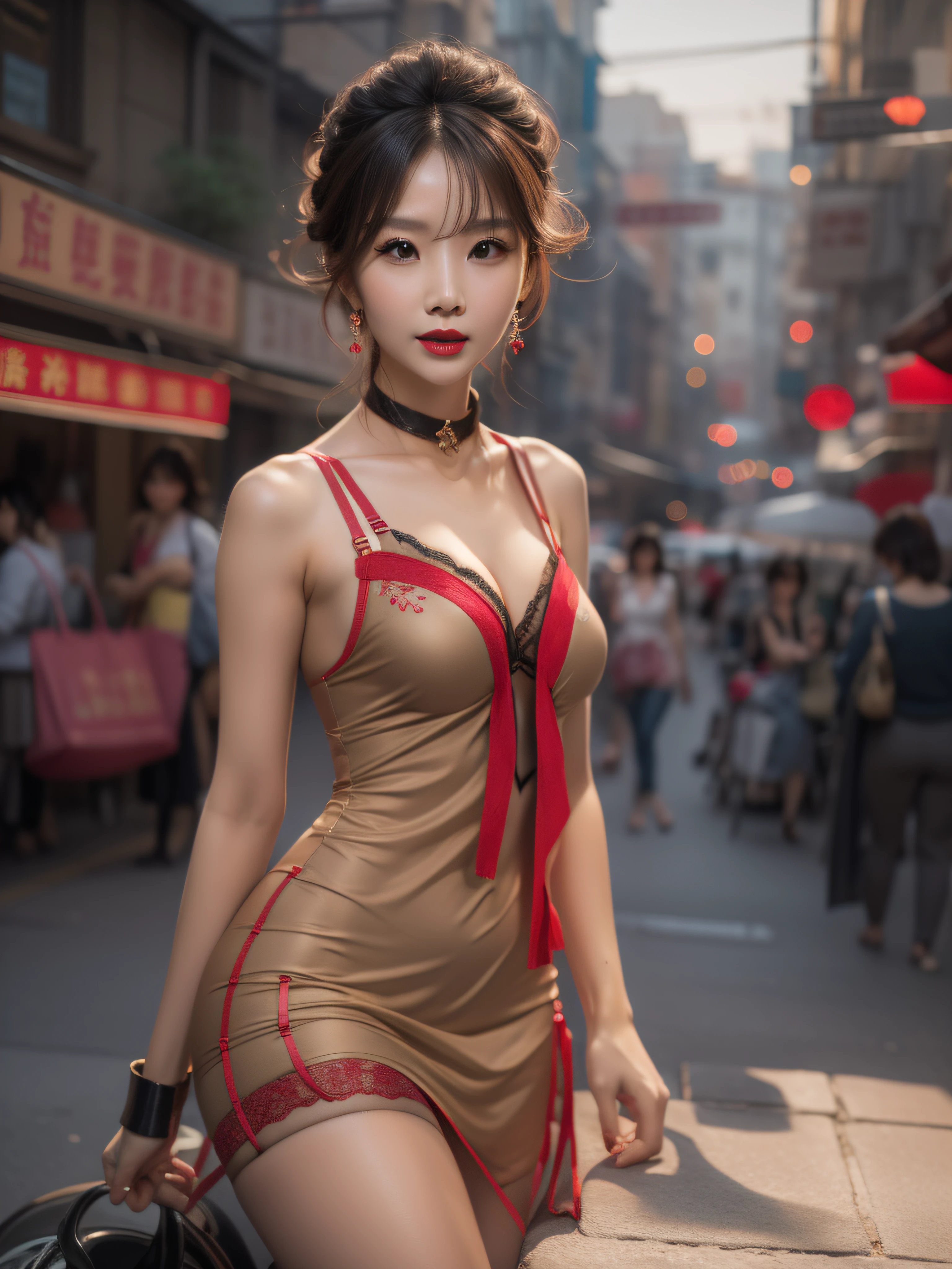 Full body portrait, photograph realistic, of a beautiful Chinese woman (33 years old), an erotic film actress, In a crowded commercial streets, The whole body is soaked with sweat, Slender body, Height 1.6m, has a perfect female figure, with a chest circumference of 34C, Naked of breast, Slim waistline, Slim legs, a hip circumference of 28, Wheat complexion, full forehead, Slender eyebrows, Wear red and black erotic lingerie, Suspender stockings, Platform stiletto heels, Seductive pose, A seductive expression, colored inner hair, light brown hair, bangs, messy hair, wavy hair, hair slicked back, medium hair, jewelry, bespectacled, long eyelashes, earrings, makeup, nervous, red lips, naughty face, high detail, cinematic lighting, three sided view, masterpiece, accurate, textured skin, super detail, best quality, 8k