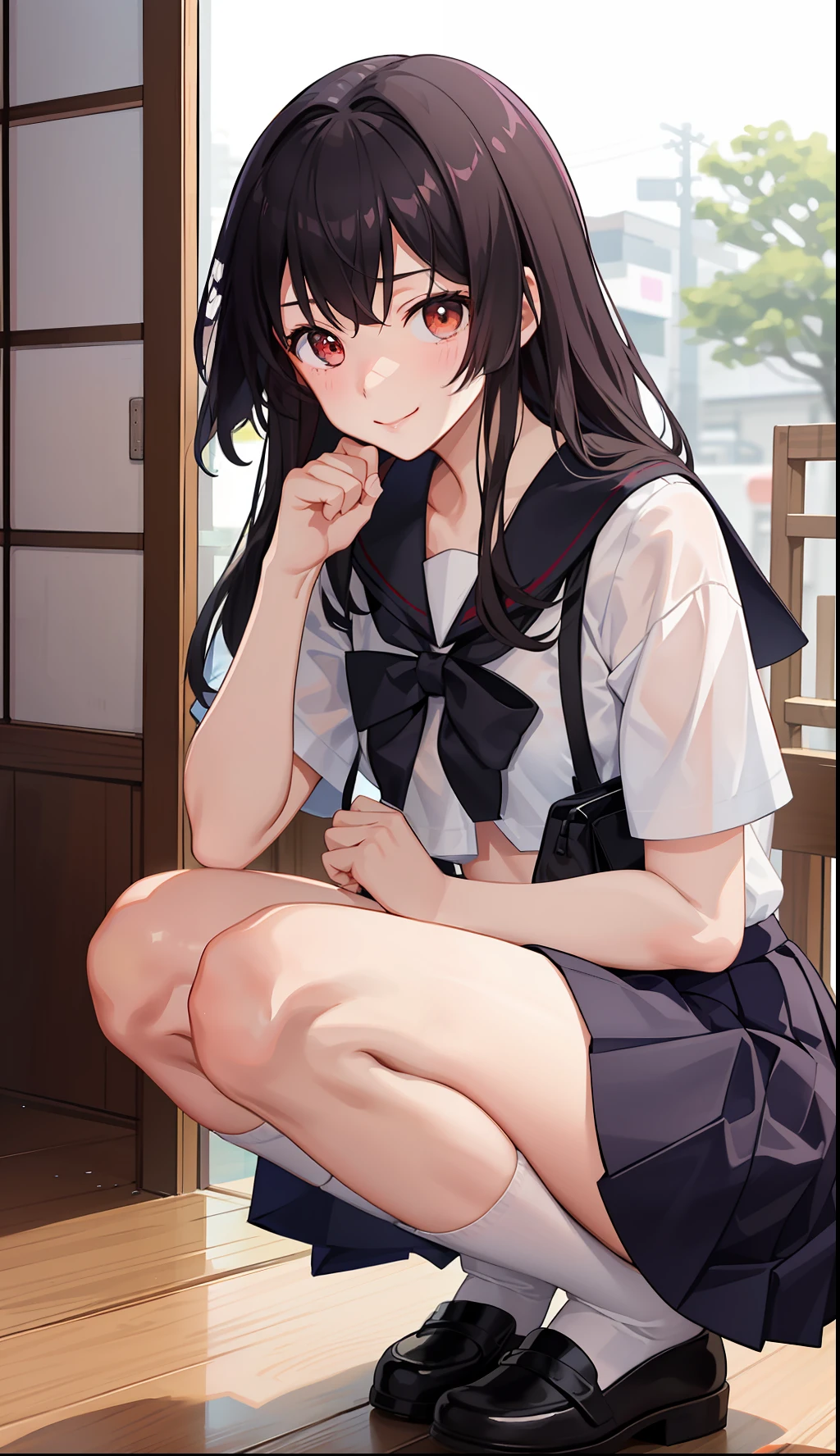 1girl in、A smile、The shirt、skirt by the、(small tits)Chilarism、Japan High School Student Uniform、serafuku、summer clothing、Squall Drenched Uniform、(Sheer Bra)、Upper body portrait、light cream hair、Squatting panchira、