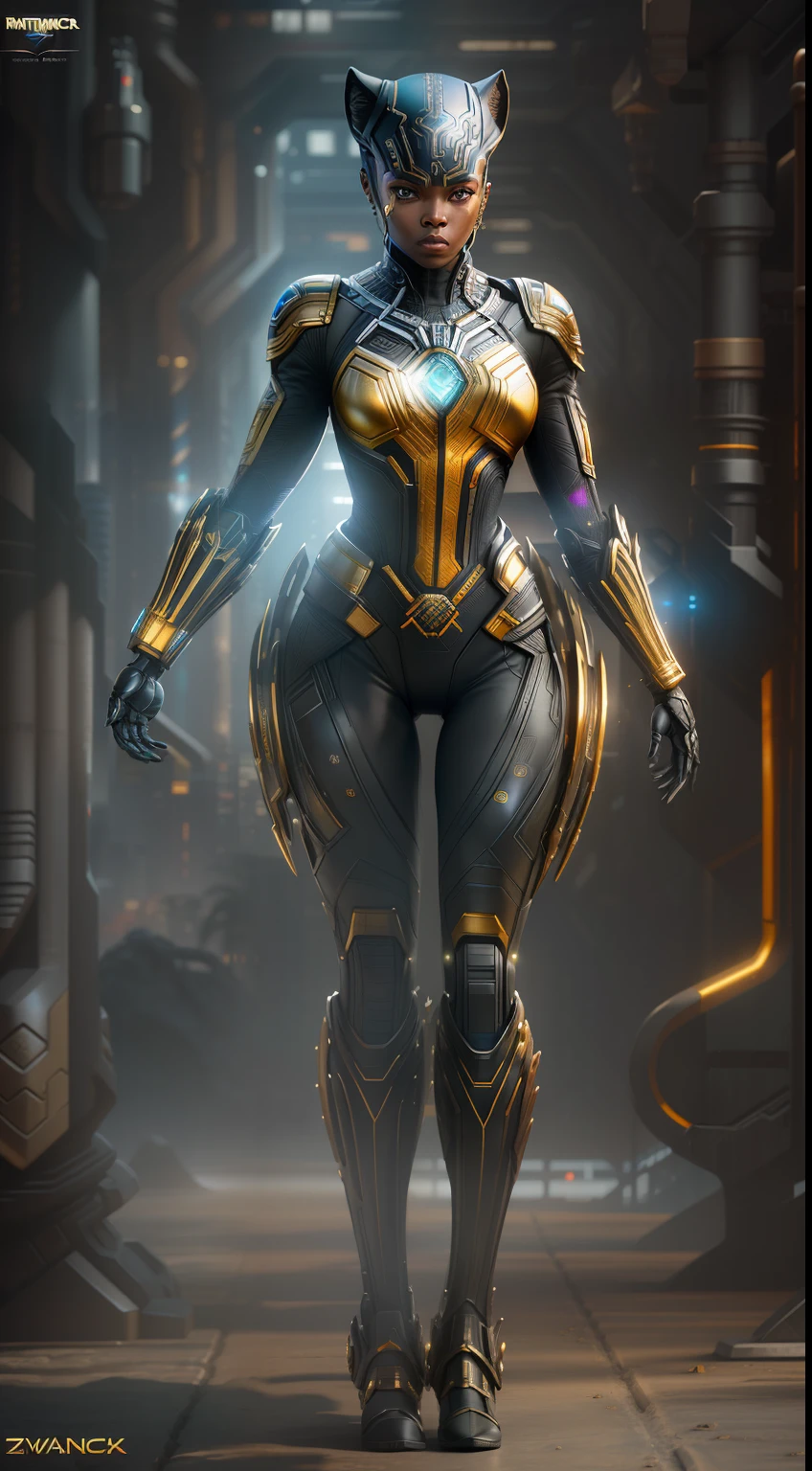 BlackPanther girl from Marvel photography, biomechanics, complex robots, gold BlackPanther logo, full growth, hyper-realistic, crazy little details, incredibly clean lines, cyberpunk aesthetic, masterpiece featured on Zbrush Central