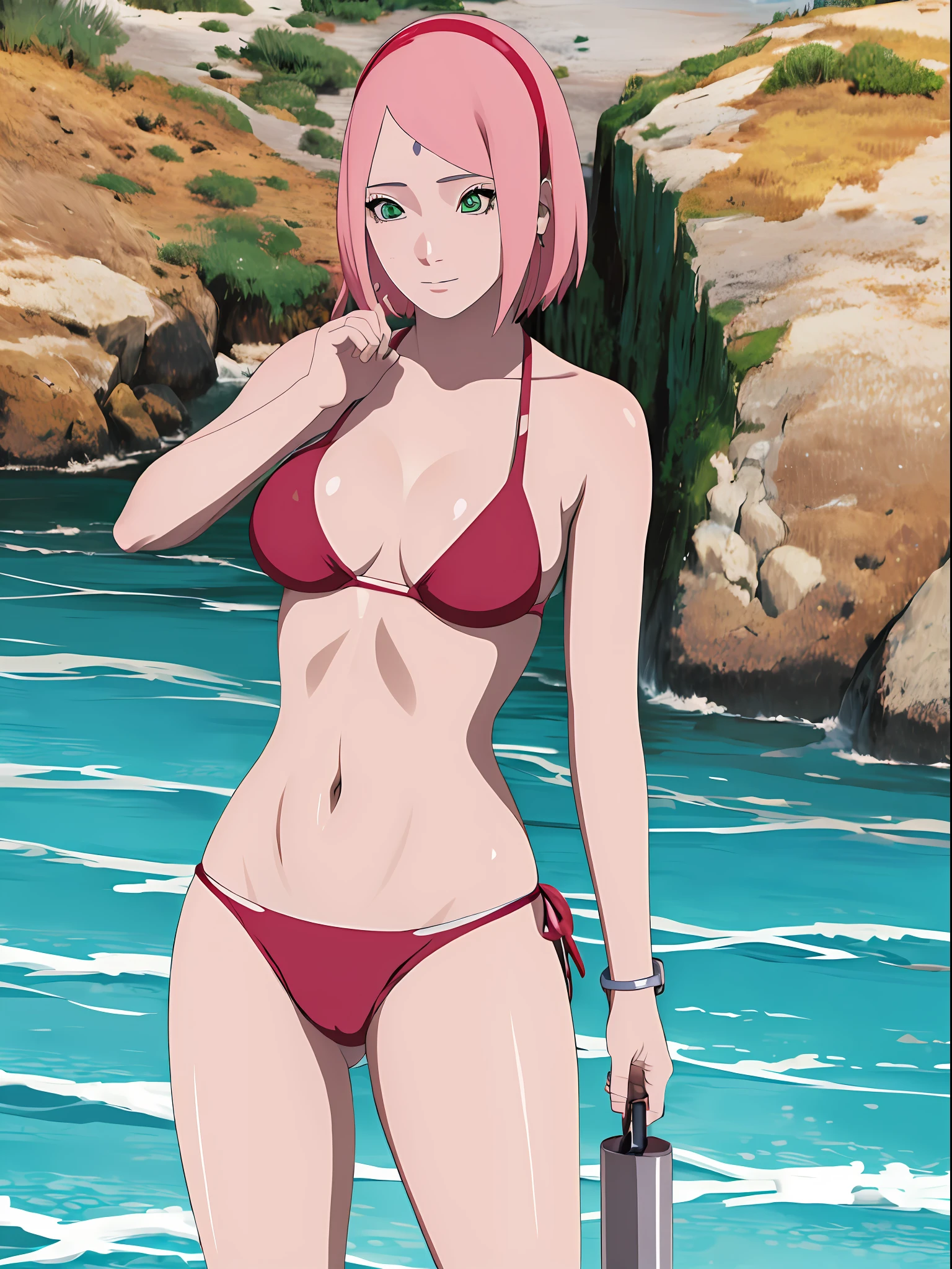 (Alta qualidade) solo, (Melhor qualidade, 8k, UHD: 1.2) fotorrealista,obra-prima, solo, 1garota,solo,haruno sakura, marca na testa, faixa de cabelo vermelha,olhando para o espectador,cabelo flutuante, sexy, corpo perfeito, seios grandes, piscina,water drops on the body, corpo molhado, cabelo molhado, milf Body,sexy body, pernas cruzadas, pink bikini, sentada, cadeira de praia,