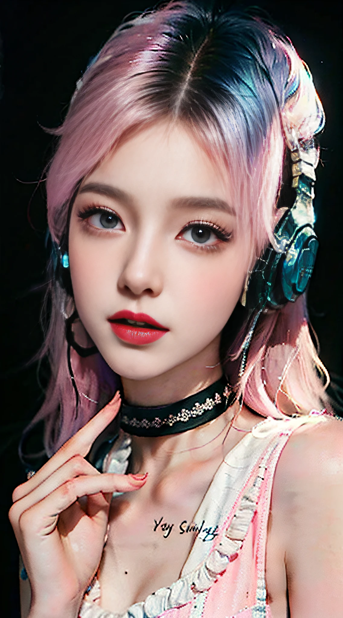 one-girl，Long blue-pink hair slightly curled，Messy long hair，blue color eyes，Bring headphones，rainbow，cyber punk perssonage，The environment is simple，Meticulous facial features，8k，hyper HD，the detail（1：2），cinematric light，Sideslit，looking at viewert，Collar，鎖骨，Blackn clothes，复杂，Rich in graphics，cruel