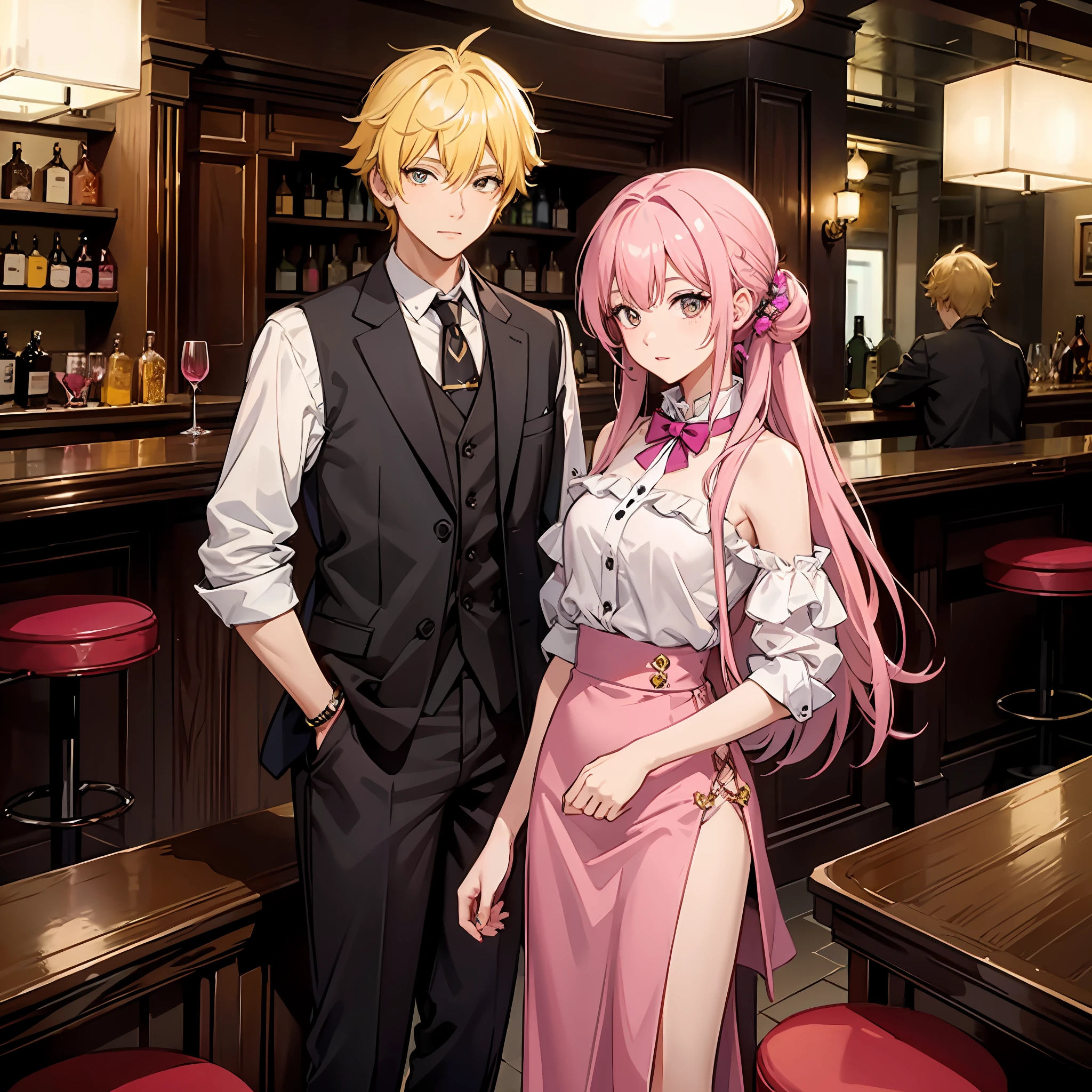 masterpiece,high res,high quality,fashionable clothes,1girl pink hair and 1man yellow hair Dating at a bar