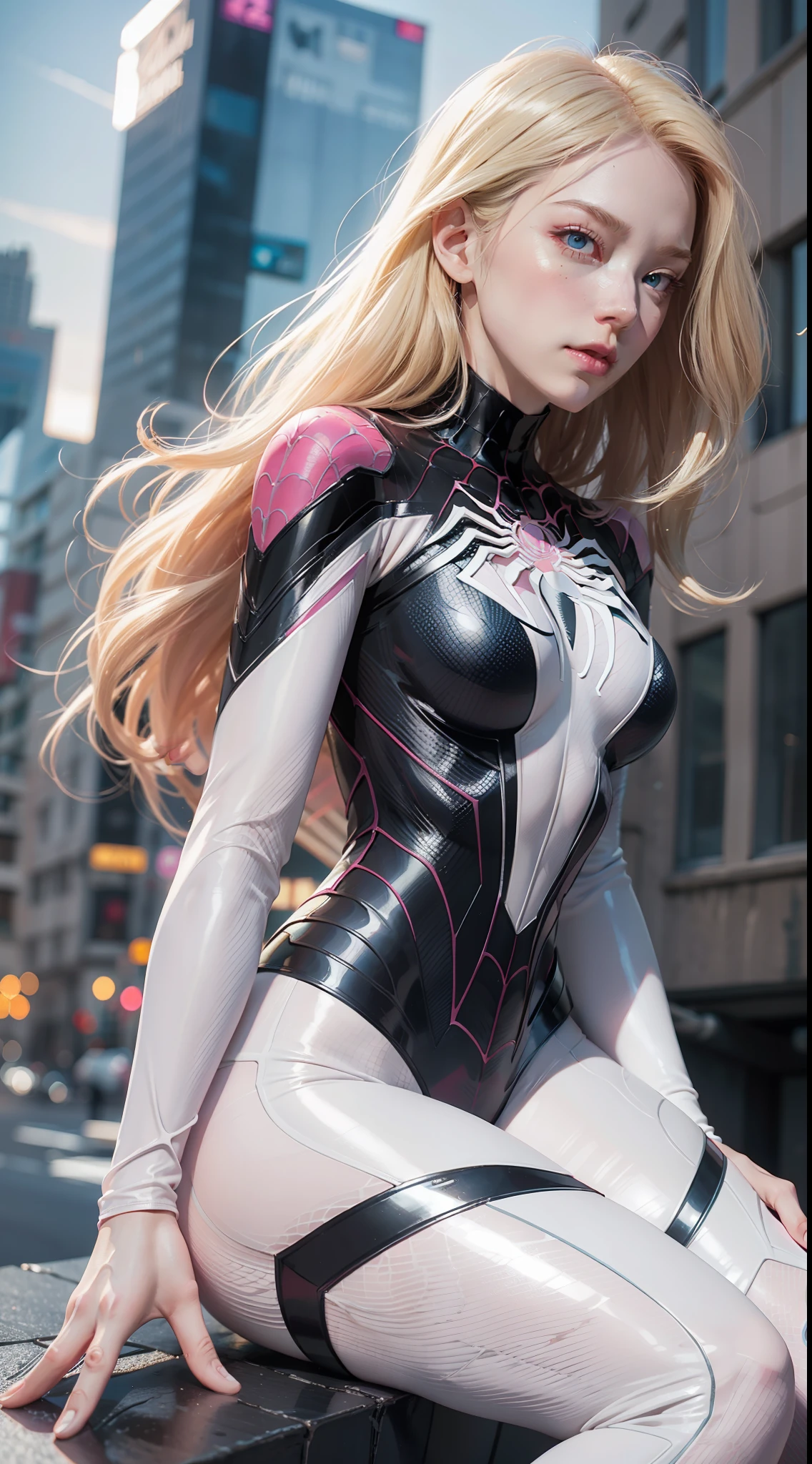 blond haired woman in a pink and white costume sitting on a ledge, ( ( spiderwoman ) ), cyber suit, gwen stacy, inspired by Yanjun Cheng, yanjun chengt, ross tran 8 k, realistic cosplay, spider - gwen, spider-gwen, spider gwen, cybersuit, futuristic style spiderman, perfect android girl, cybersuits