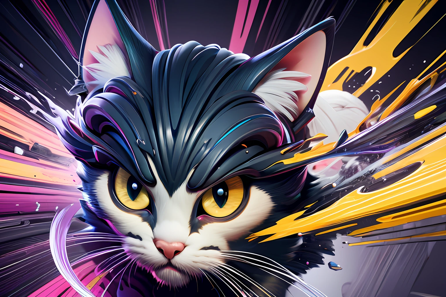 distorted art of the face of an angry cartoon kitten of vibrant colors in the form of a futuristic shield with TECHNIQUE brush and splash effects