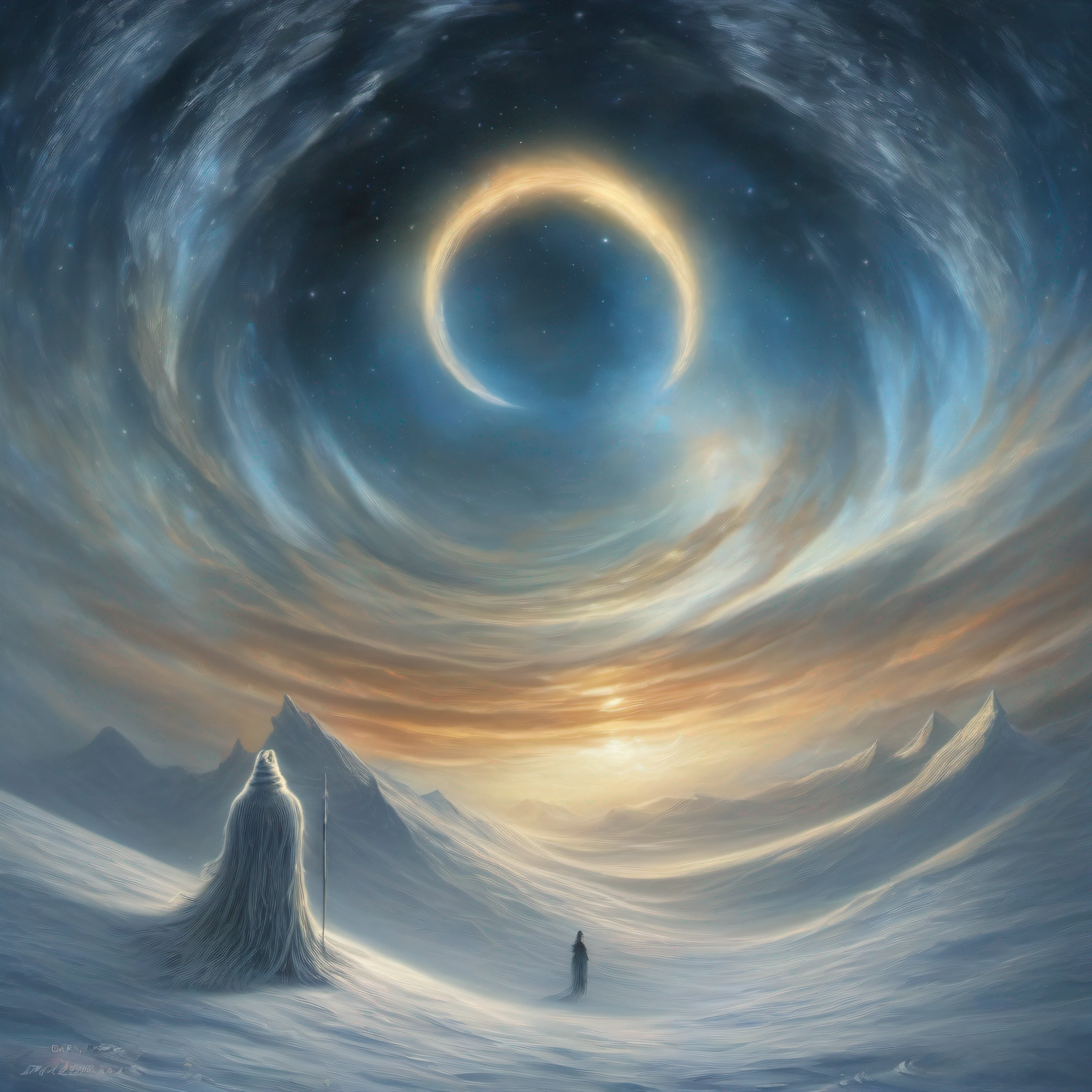 Extraordinary apparition in the icy sky of the South Pole, uma figura com sete chifres e olhos flamejantes, porte avantajado, coming from another dimension, arte de Clemilton Barbosa, detalhes intrincados, highes definition