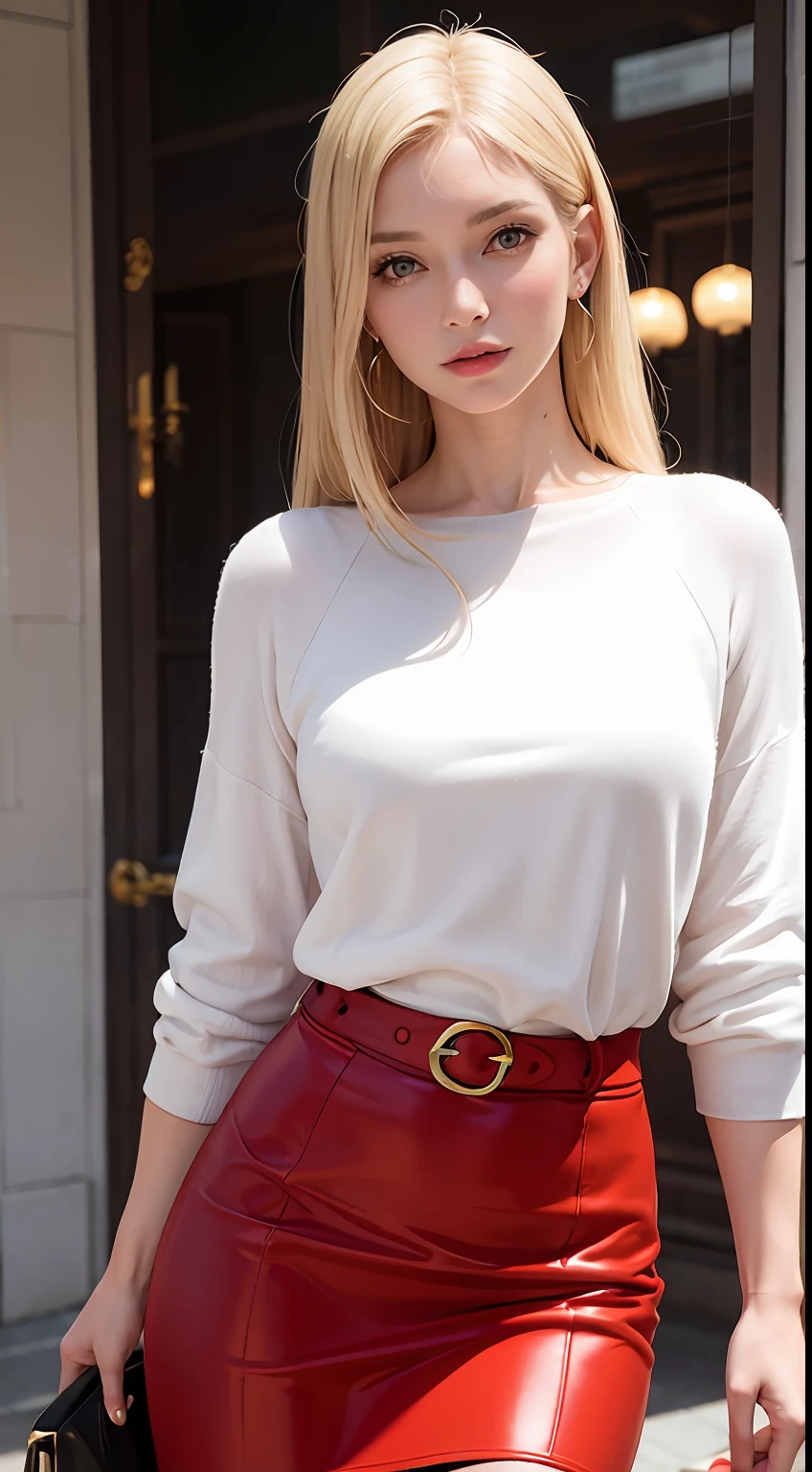 European and American mature women, A fashion model, Wearing a red tight skirt, Glamour, paparazzi taking pictures of her, Blonde hair, Brown eyes, 8K, High quality, Masterpiece, Best quality, HD, Extremely detailed, voluminetric lighting, Photorealistic
