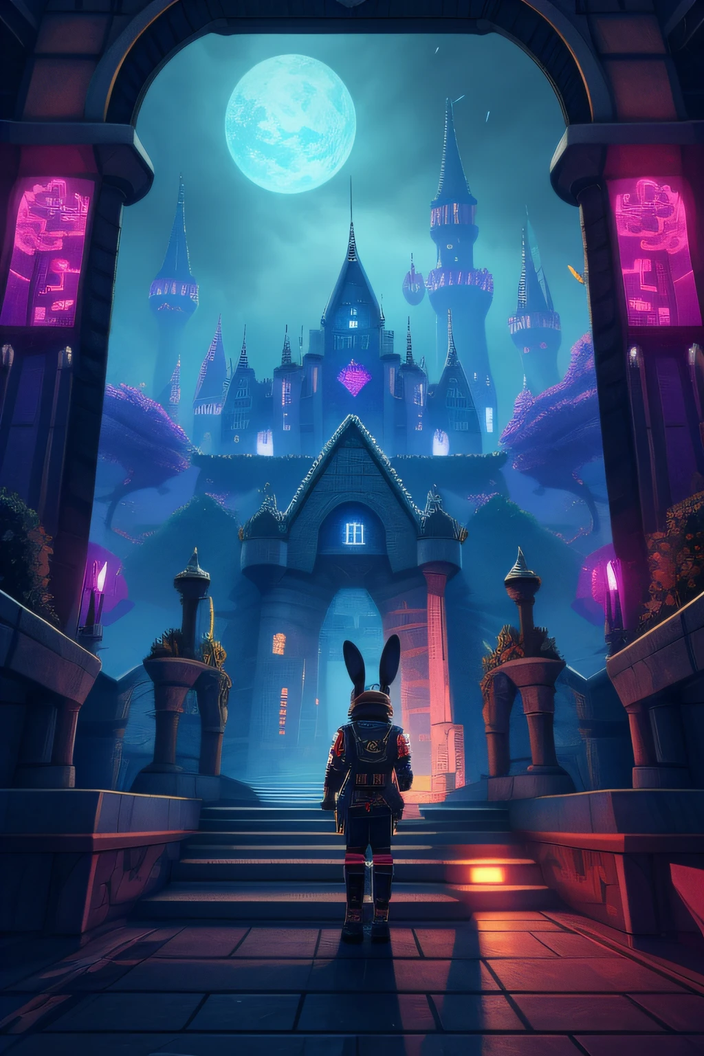 Cyberpunk, 8K resolution,one rabbit, castle, the rose sea, dream,pixel art
