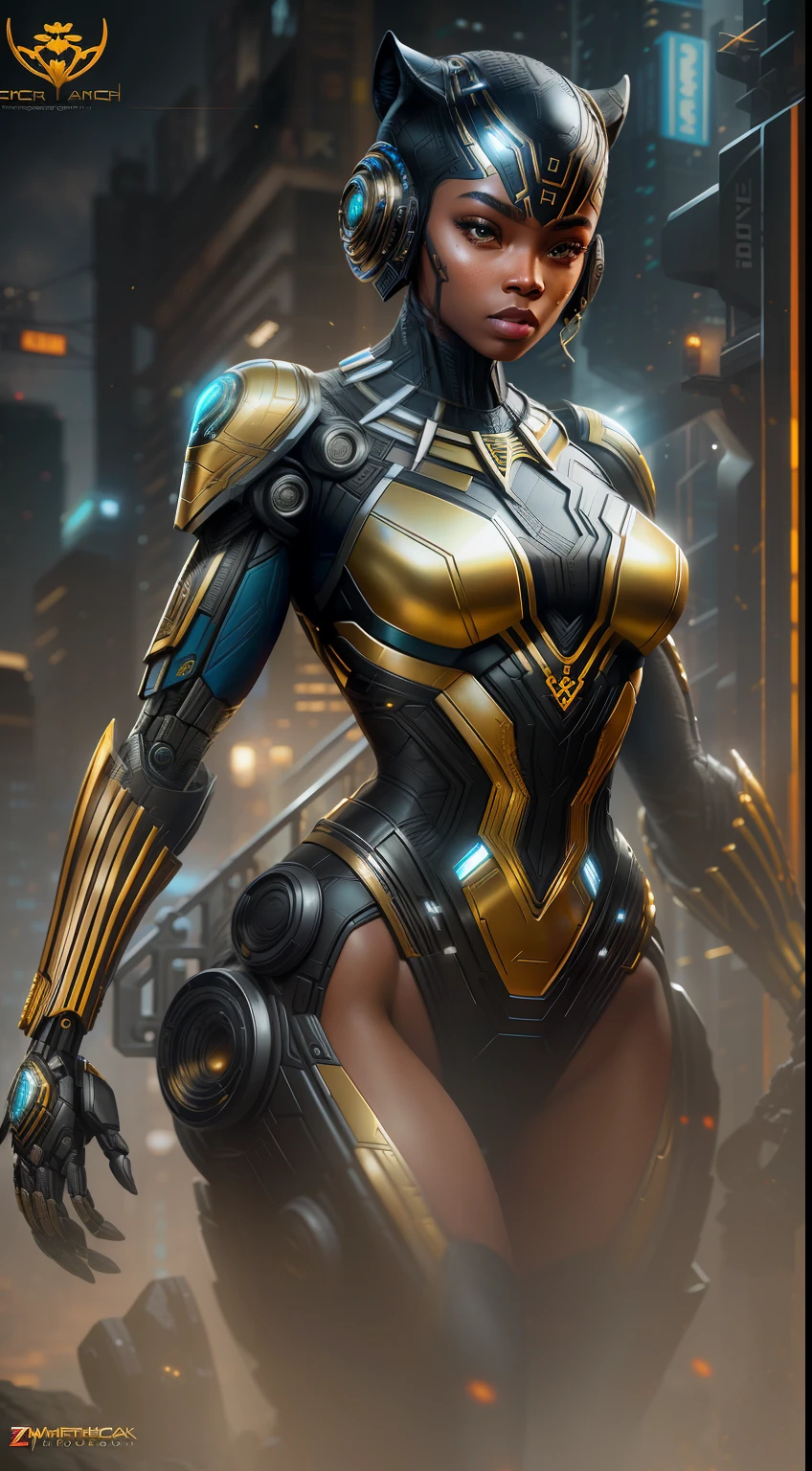 BlackPanther girl from Marvel photography, biomechanics, complex robots, gold BlackPanther logo, full growth, hyper-realistic, crazy little details, incredibly clean lines, cyberpunk aesthetic, masterpiece featured on Zbrush Central