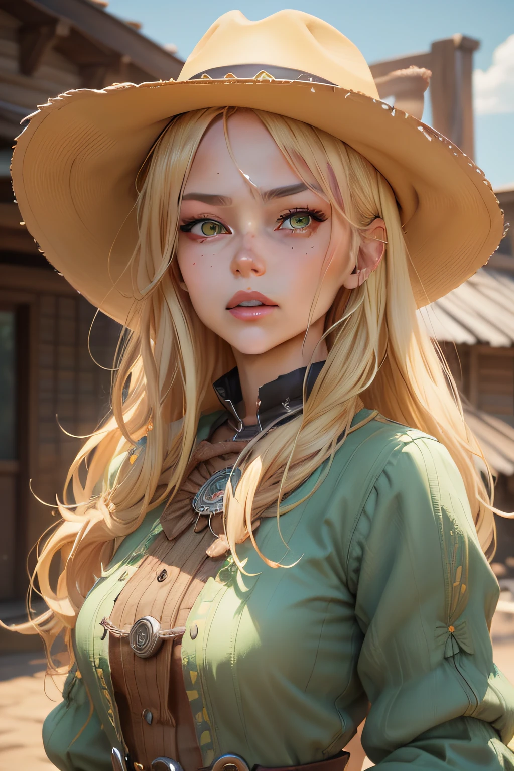 with blonde hair yellow western hat and green eyes, old west setting, detailed digital anime art 3d, loish and wlop, cute detailed digital art, adorable digital painting, digital anime art, digital anime illustration, fanart best art station, inspired by WLOP, guweiz style artwork, hyper detailed fantasy character, 3d anime style, nudist full body