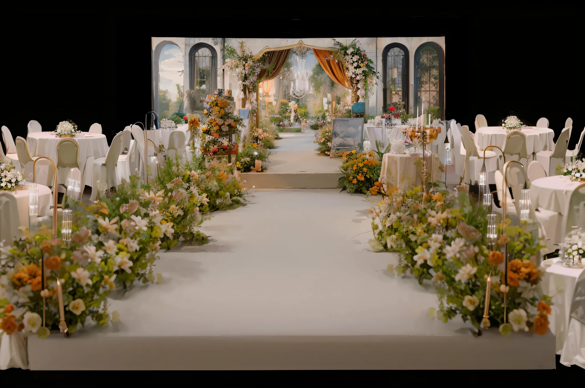 opulent ，Beautiful rendering，hyper HD，Hyper-realistic，，French wedding scene，CG rendering，lavishly decorated，enscape render，，，Wedding，opulent，high qulity，with details，Oil painting feeling，florals，