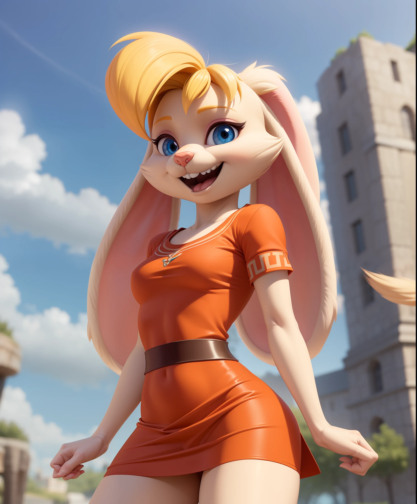 bianca, furry female anthro, rabbit girl, standing, portrait,( short dress:1.1), short sleeves, solo, (body fur:1.2), (best quality), (outdoors fantasy background:1.2), cinematic lighting, (detailed fluffy fur:1.1), looking at viewer, smile, open mouth, teeth,