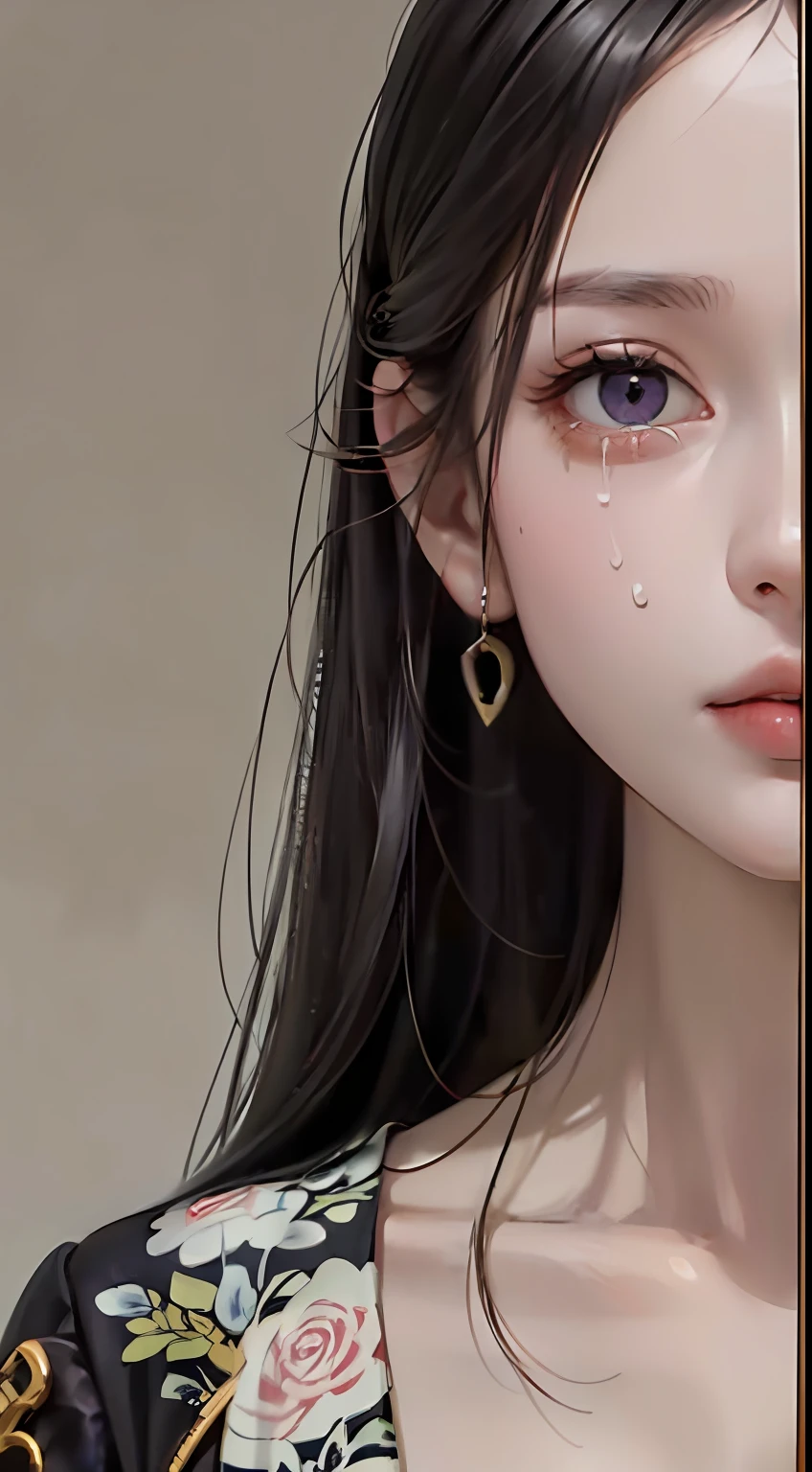 (Gongbi drawing: 1.3), (traditional Gongbi drawing), ink, a beautiful girl, solo, rose flowers in multiple colors, portrait, leaves, bangs, black hair, long hair, purple eyes, flower earrings, (crying), (((bust))), 4K resolution, high resolution, super high resolution, epic shooting, detailed, accurate, detailed, (masterpiece)
