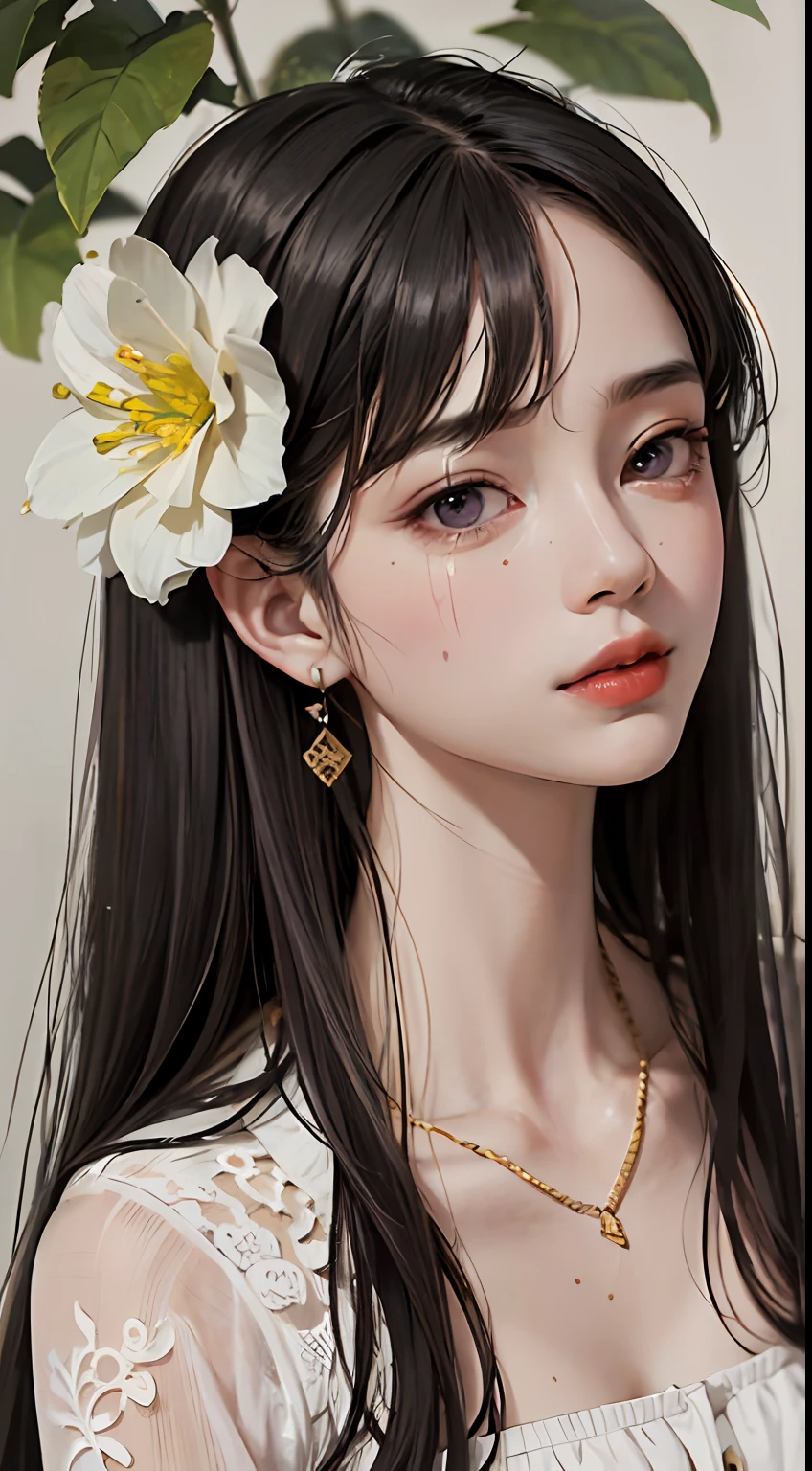 (Gongbi drawing: 1.3), (traditional Gongbi drawing), ink, a beautiful girl, solo, rose flowers in multiple colors, portrait, leaves, bangs, black hair, long hair, purple eyes, flower earrings, (crying), (((bust))), 4K resolution, high resolution, super high resolution, epic shooting, detailed, accurate, detailed, (masterpiece)